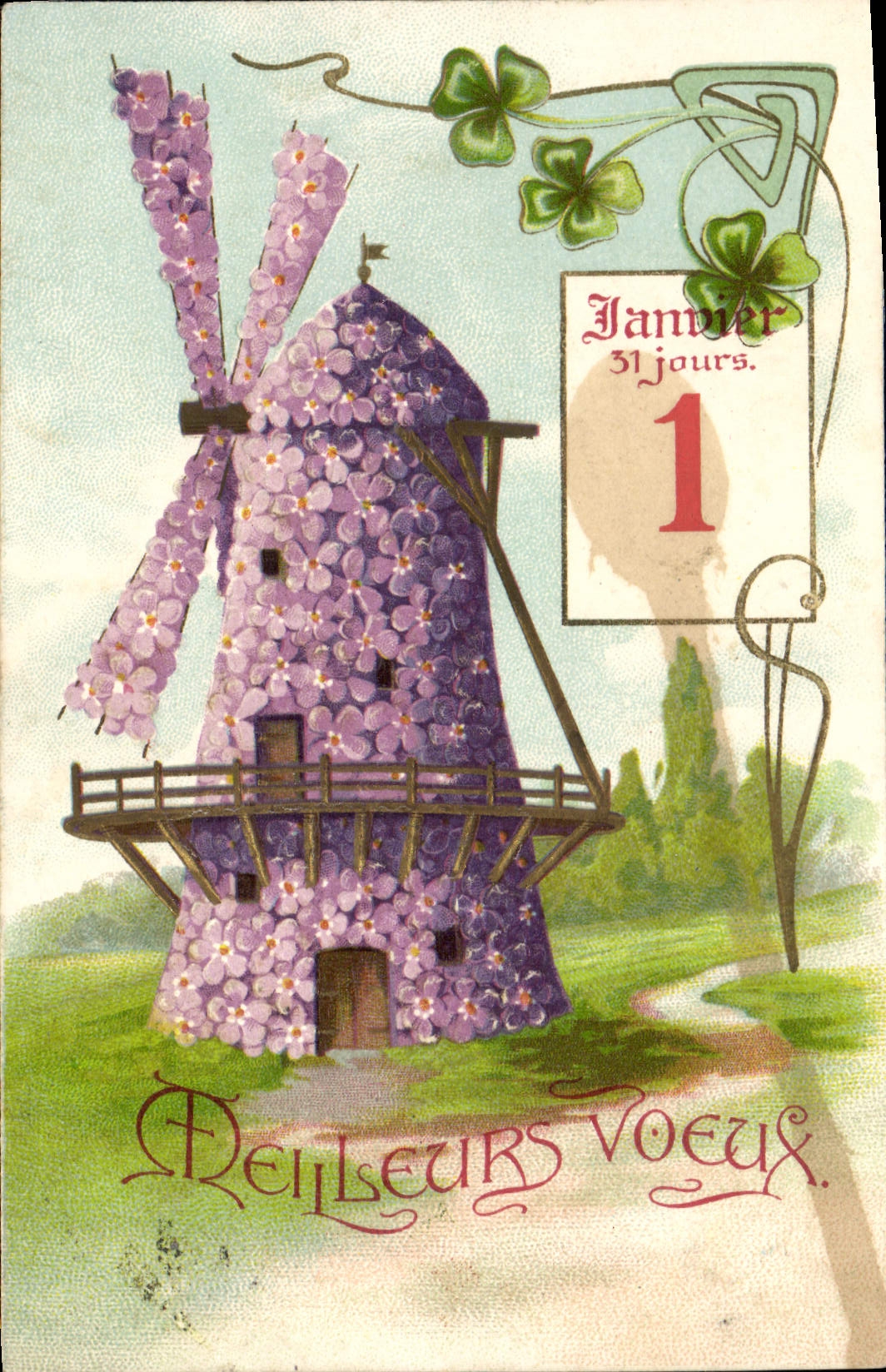 VINTAGE POSTCARD Fantasy Flowers Windmill