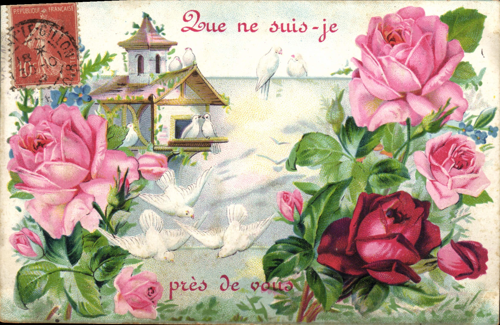 VINTAGE POSTCARD Fantasy Flowers Doves