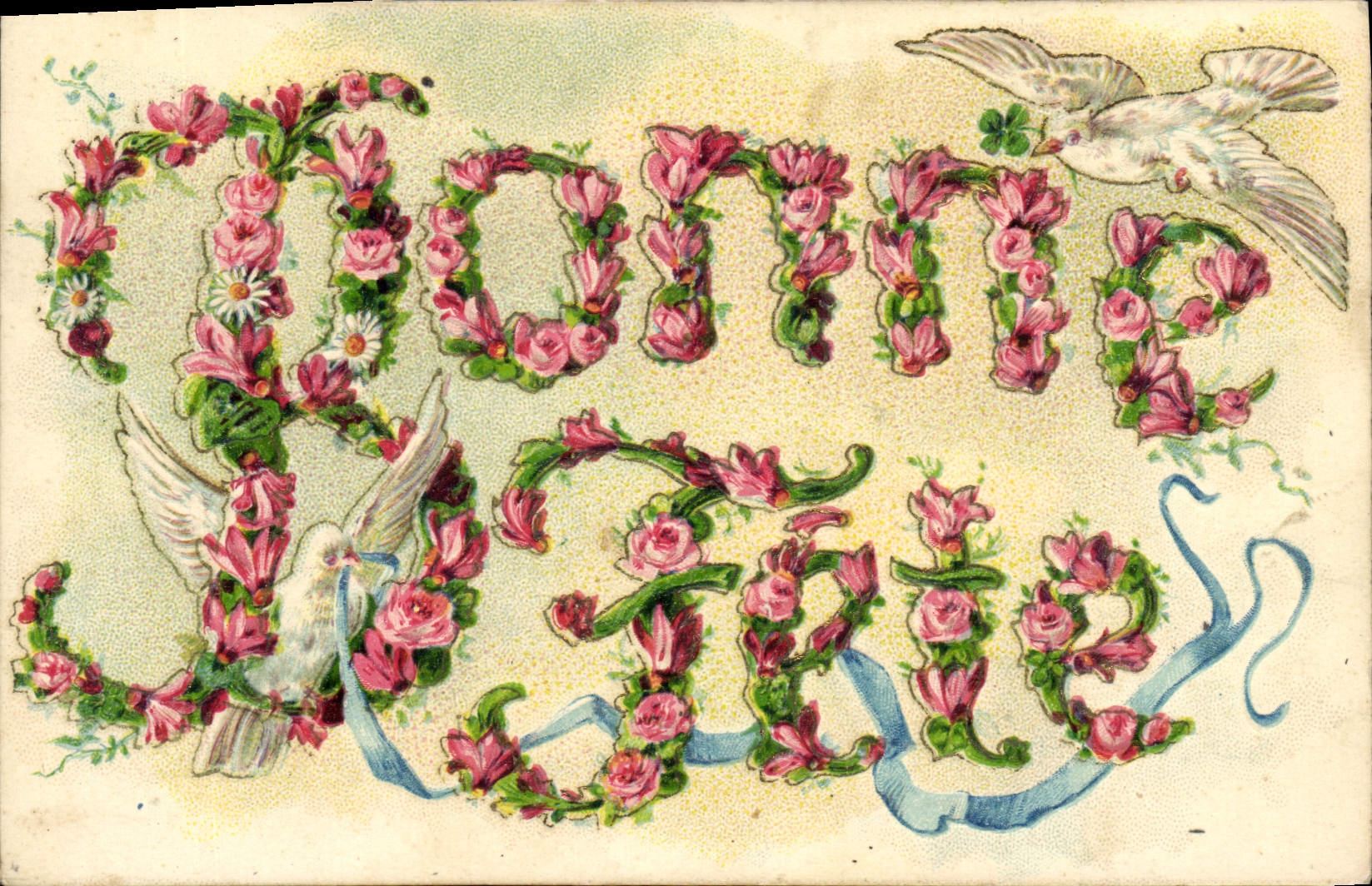 VINTAGE POSTCARD Fantasy Flowers Doves