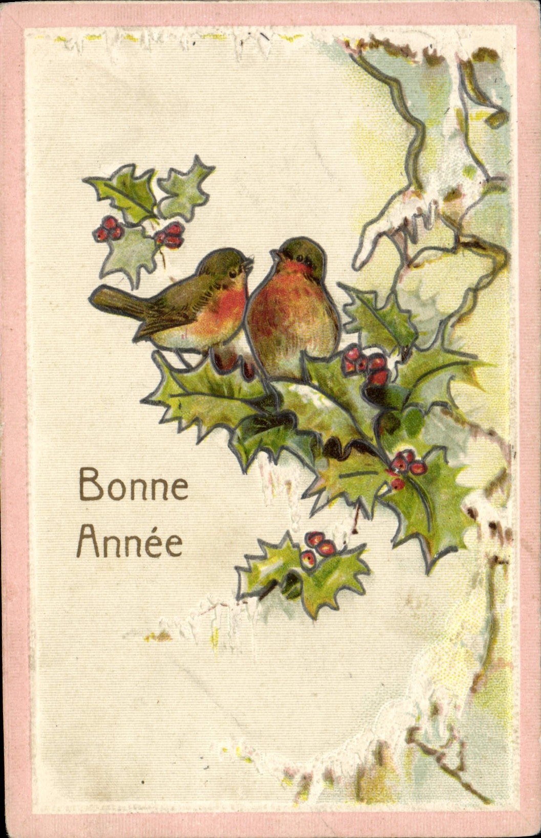 CPA Fantaisie Fleurs Houx Oiseaux