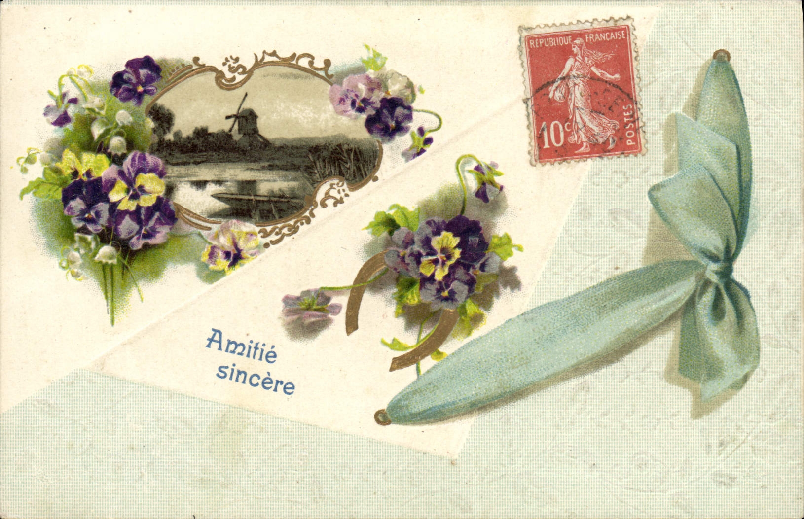 VINTAGE POSTCARD Fantaisie Flowers Windmill Horseshoe