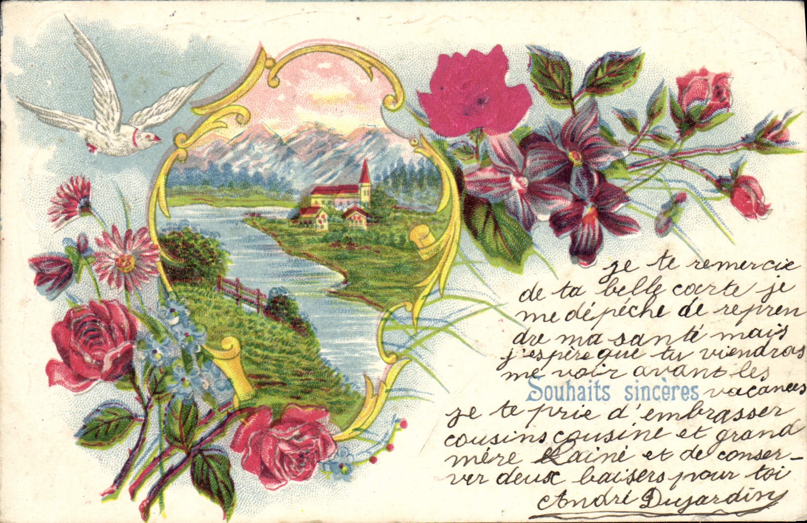 VINTAGE POSTCARD Fantasy Flowers Dove