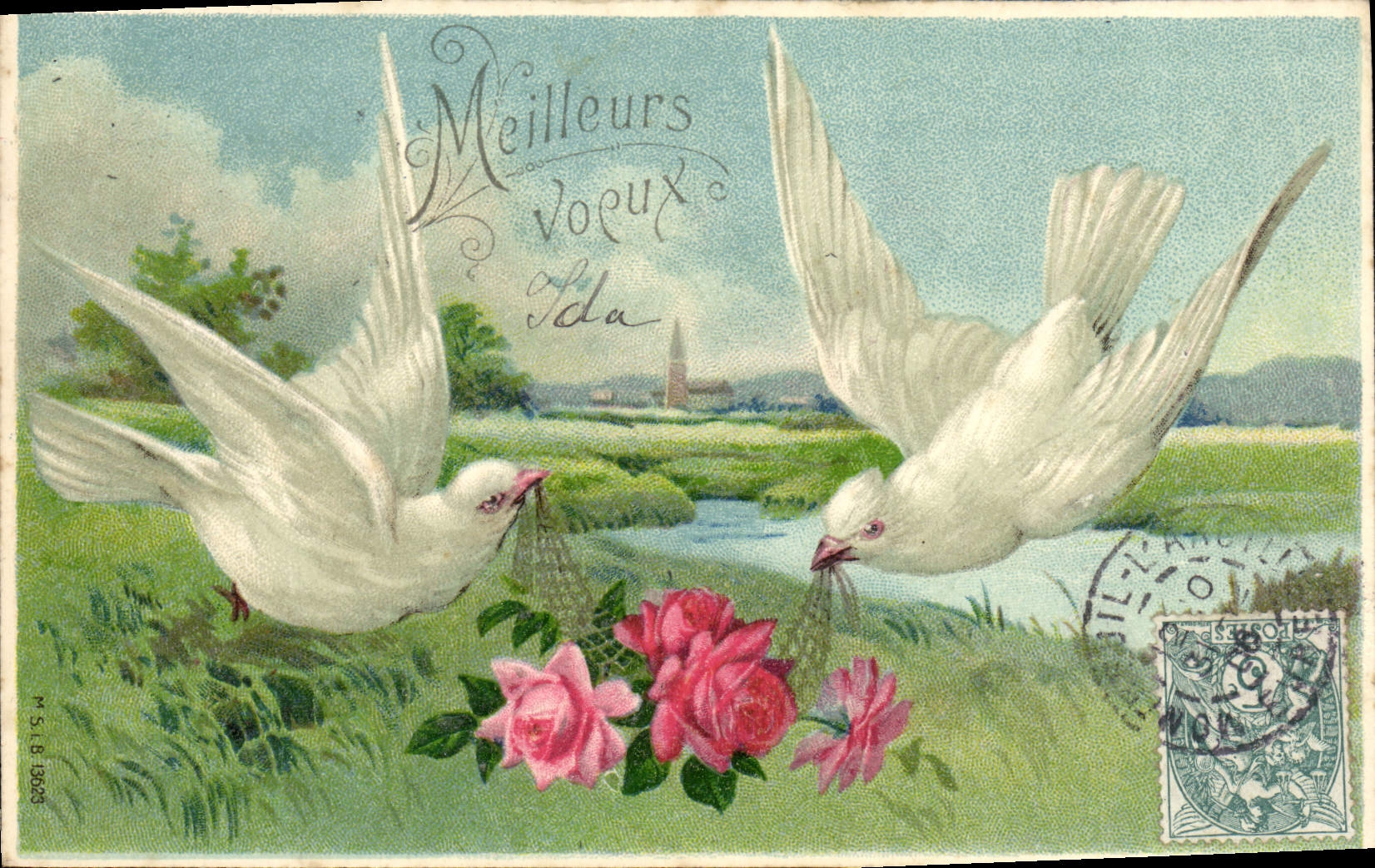 VINTAGE POSTCARD Fantasy Flowers Doves