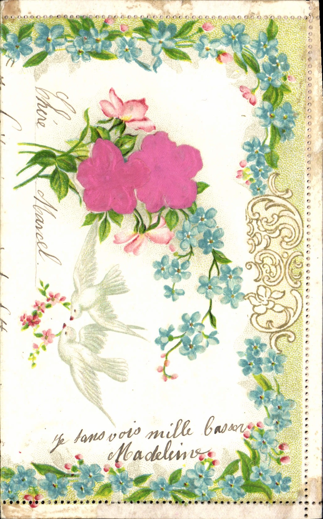 VINTAGE POSTCARD Fantasy Flowers Doves