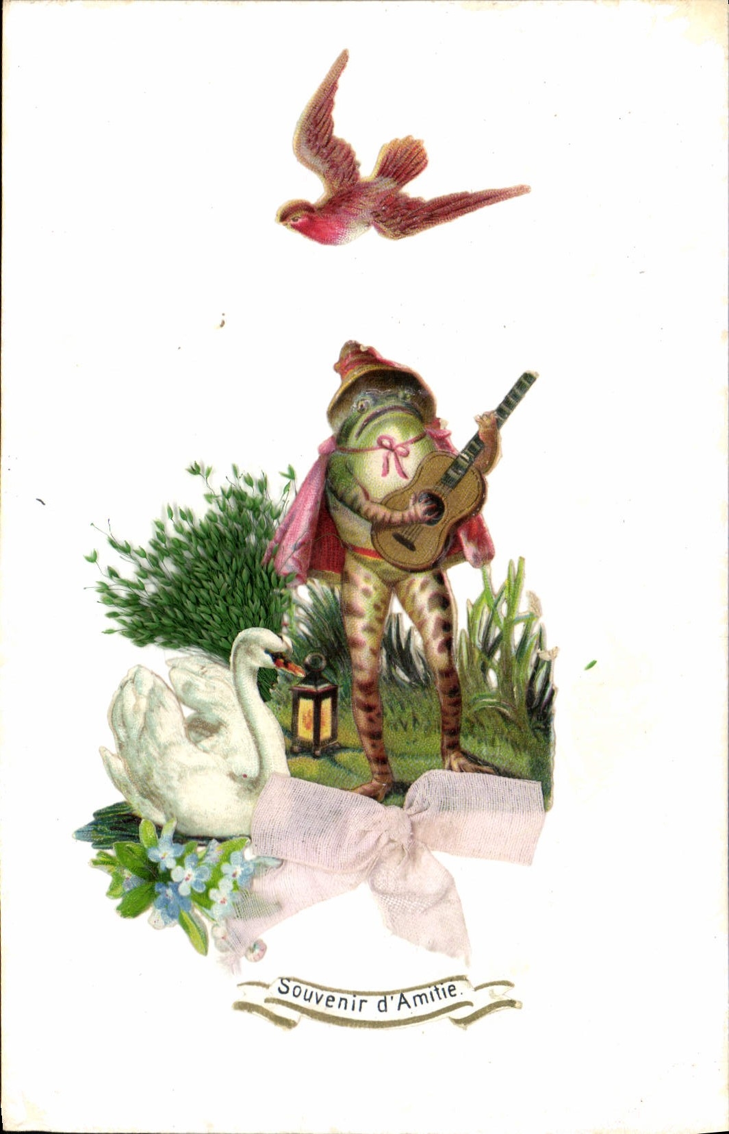 CPA Fantaisie Fleurs Grenouille Cygne Hirondelle