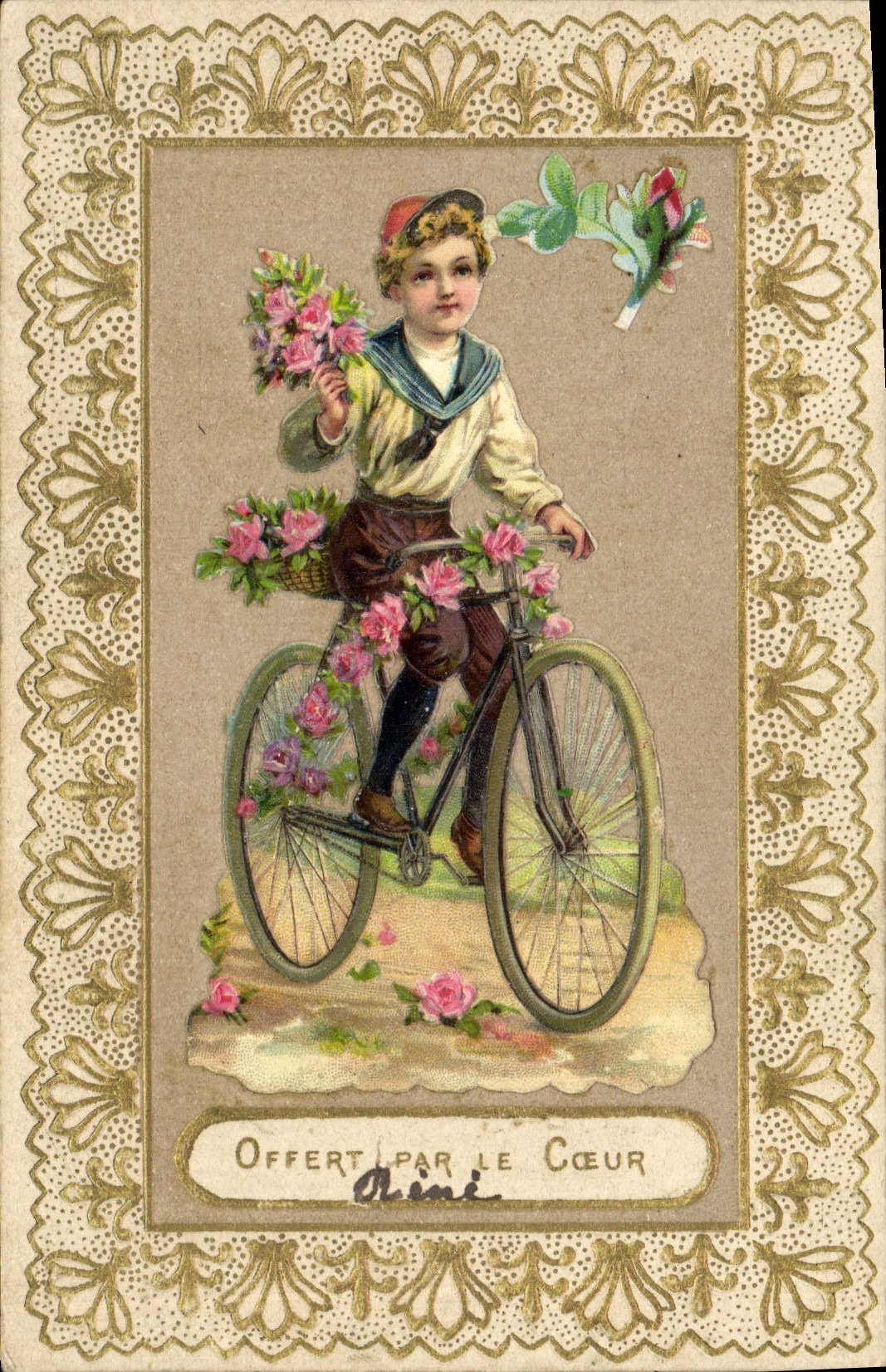 CPA Fantaisie Fleurs Enfant Velo Cycle 