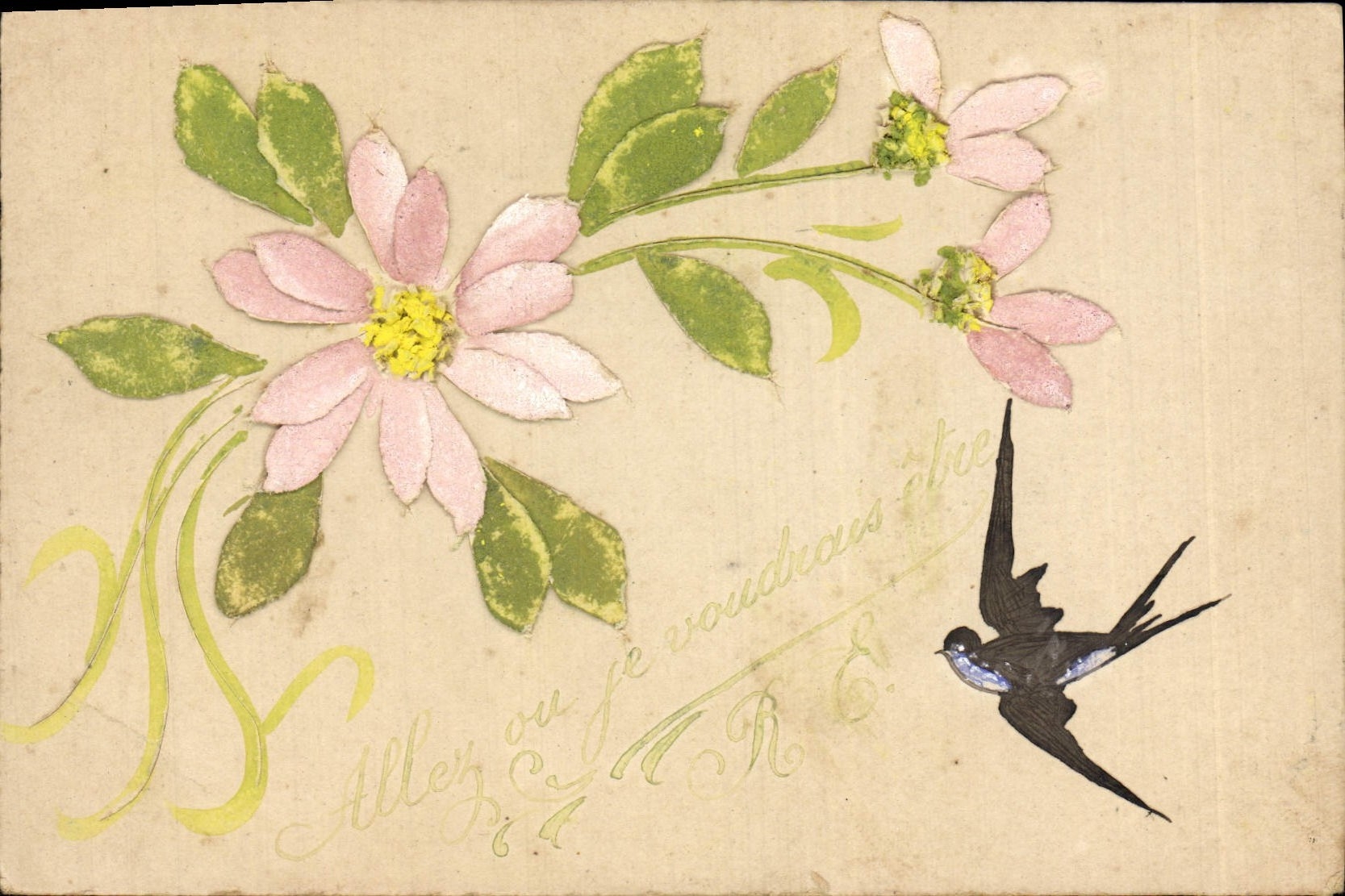 VINTAGE POSTCARD Fantasy Flowers Swallow
