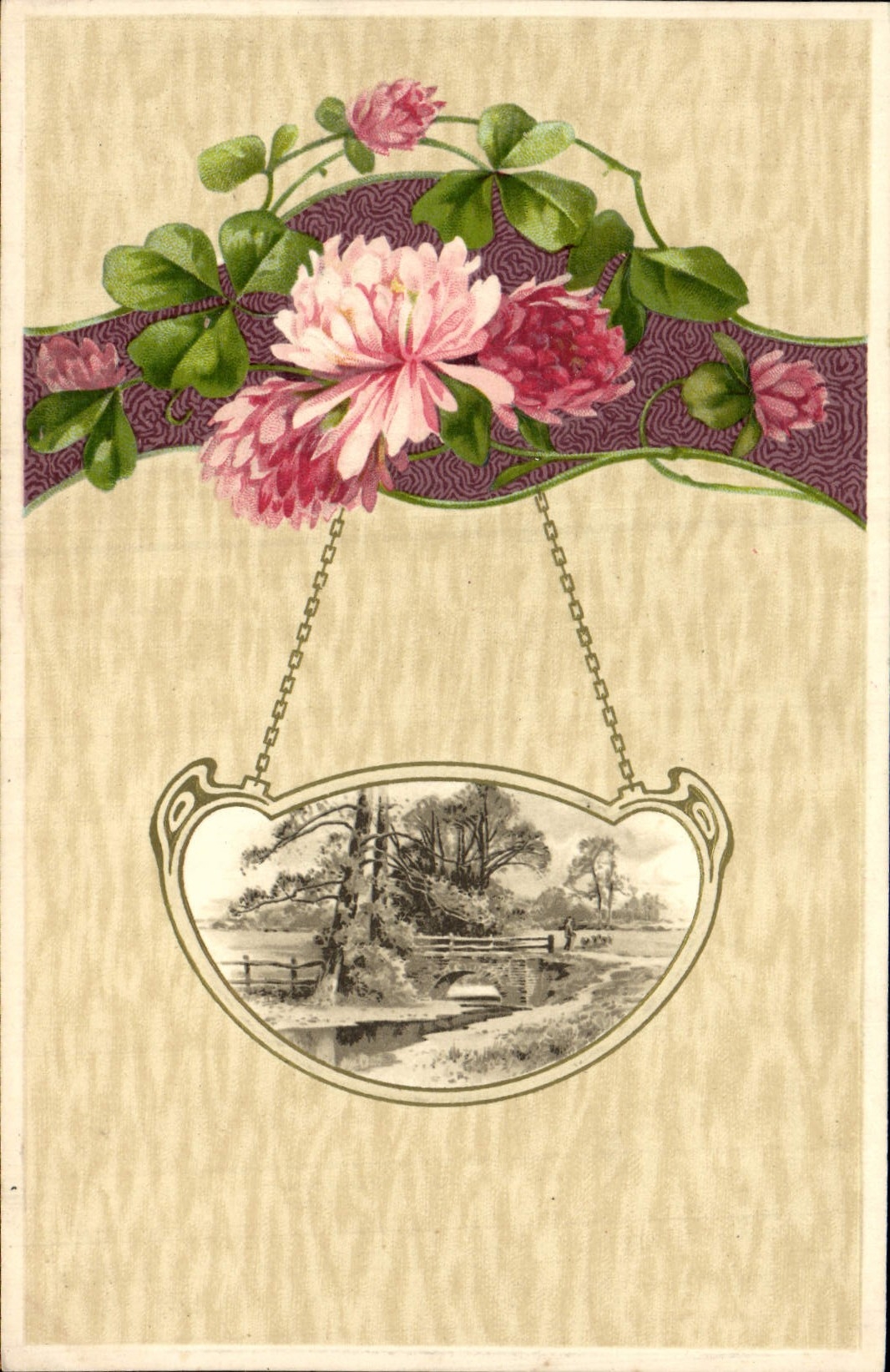 VINTAGE POSTCARD Fantasy Flowers Clover