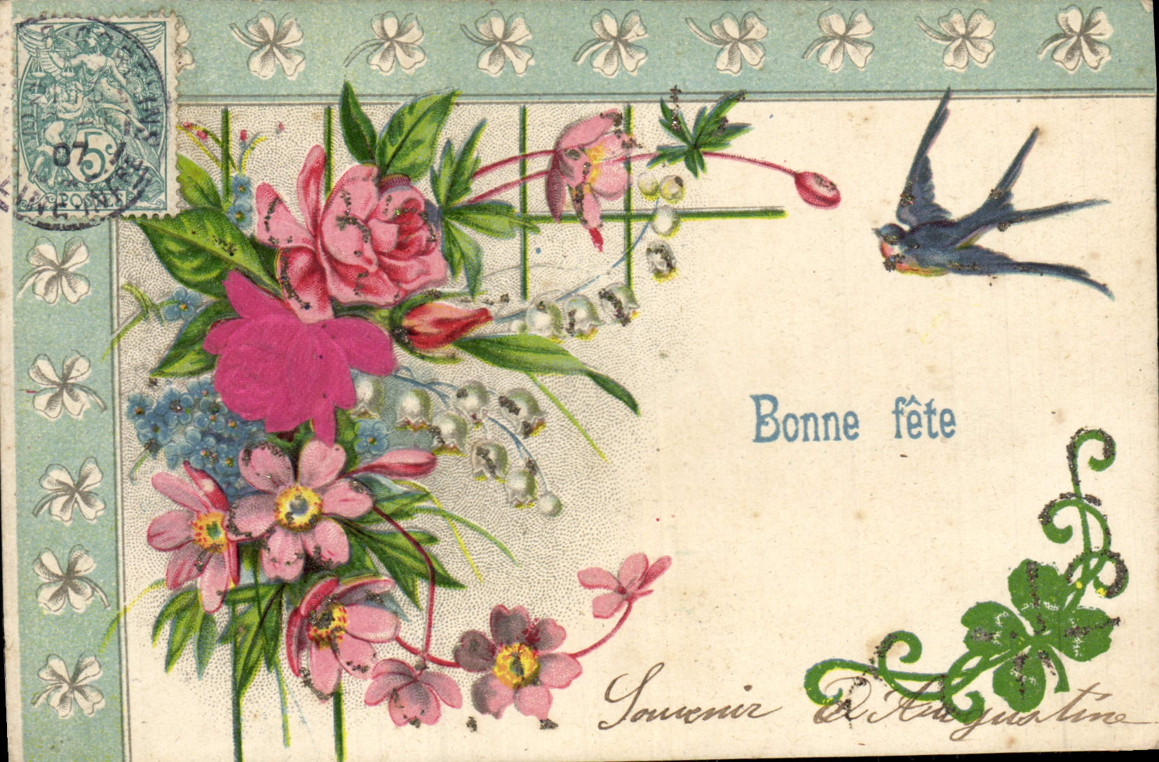 VINTAGE POSTCARD Fantasy Flowers Swallow