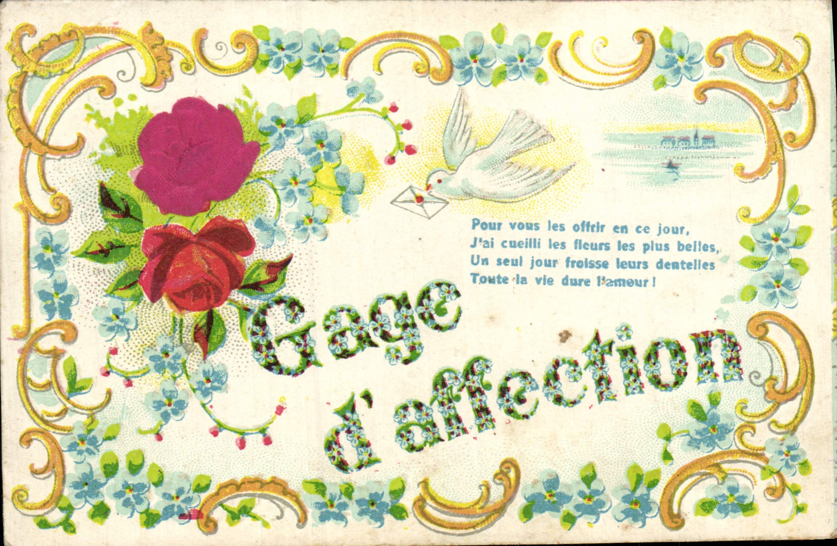 VINTAGE POSTCARD Fantasy Flowers Dove