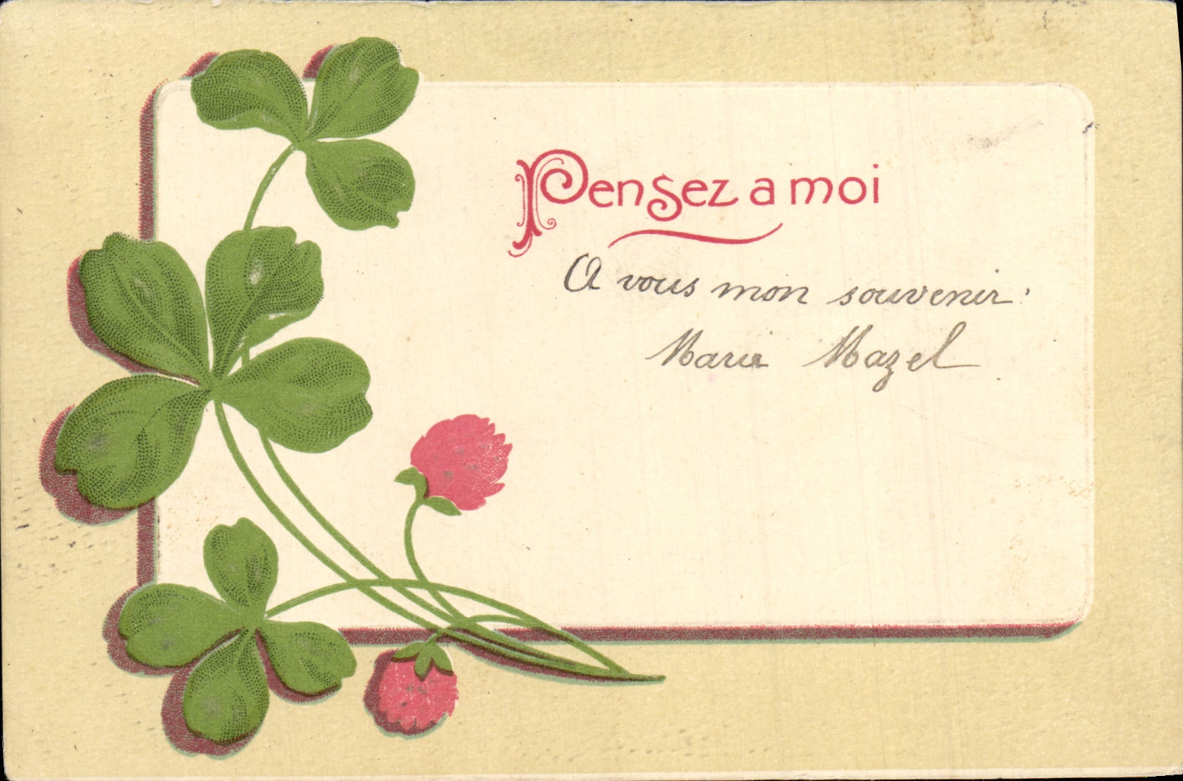 VINTAGE POSTCARD Fantaisie Flowers Clover Think has Me