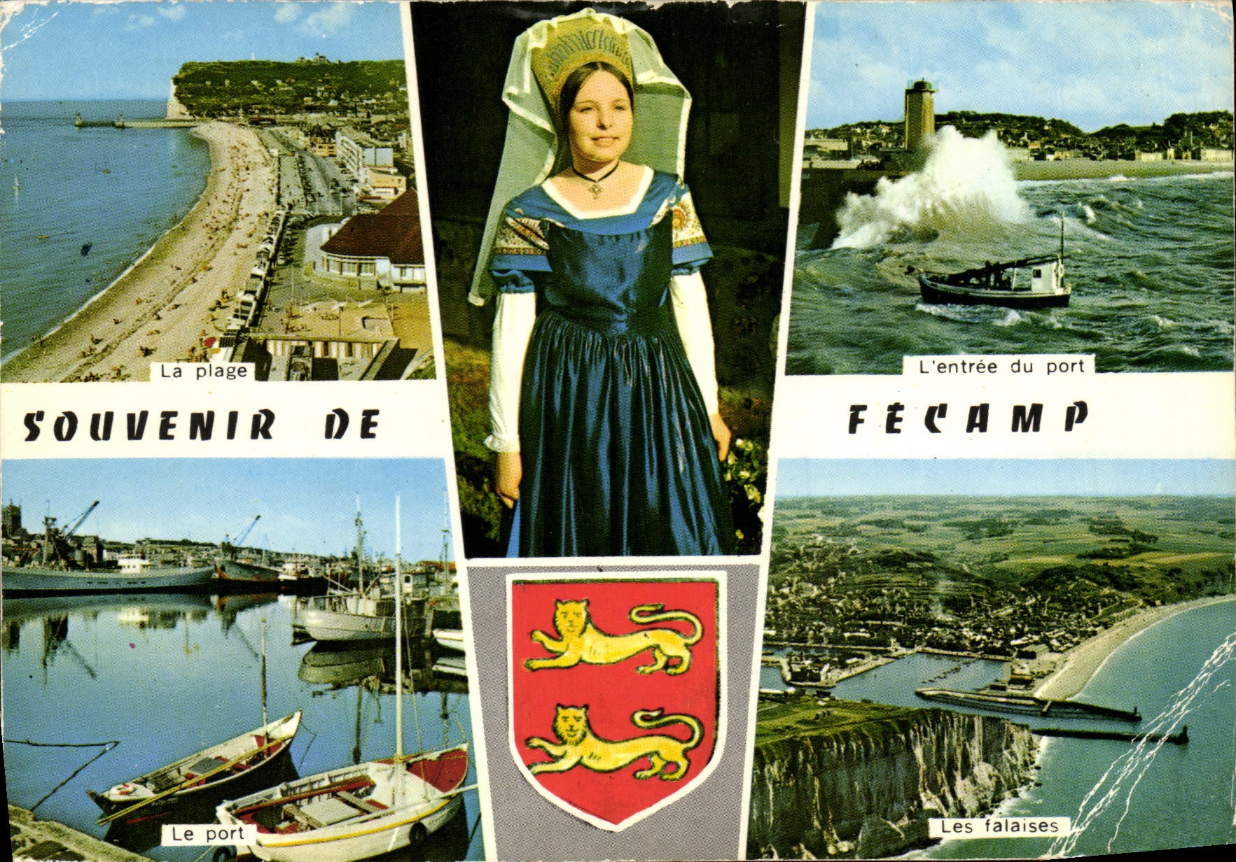 POSTAL MODERNA para recordar a De Fecamp la playa el puerto el folklore de la mujer de los acantilados