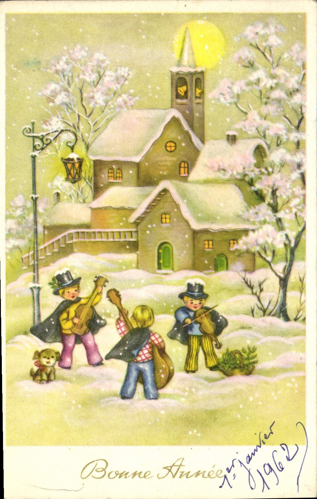 MODERN CARD Happy New Year Children Violin Dog Guitar