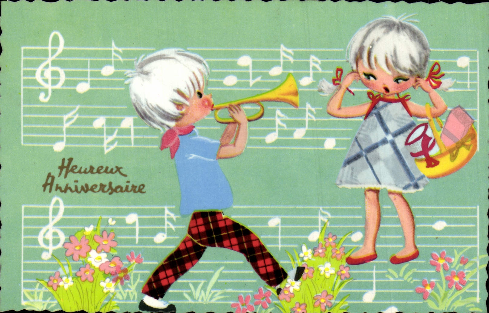 CPM Heureux Anniversaire Enfants Trompette 