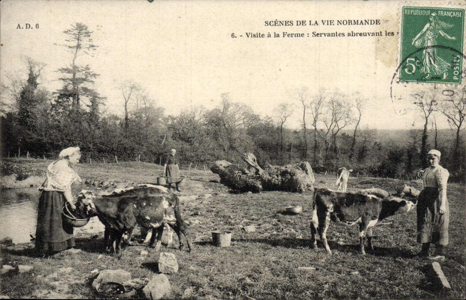Escenas de la POSTAL de la VENDIMIA de las visitas del normando de la vida con la firma los Maidservants del folklore de las vacas que riegan los animales