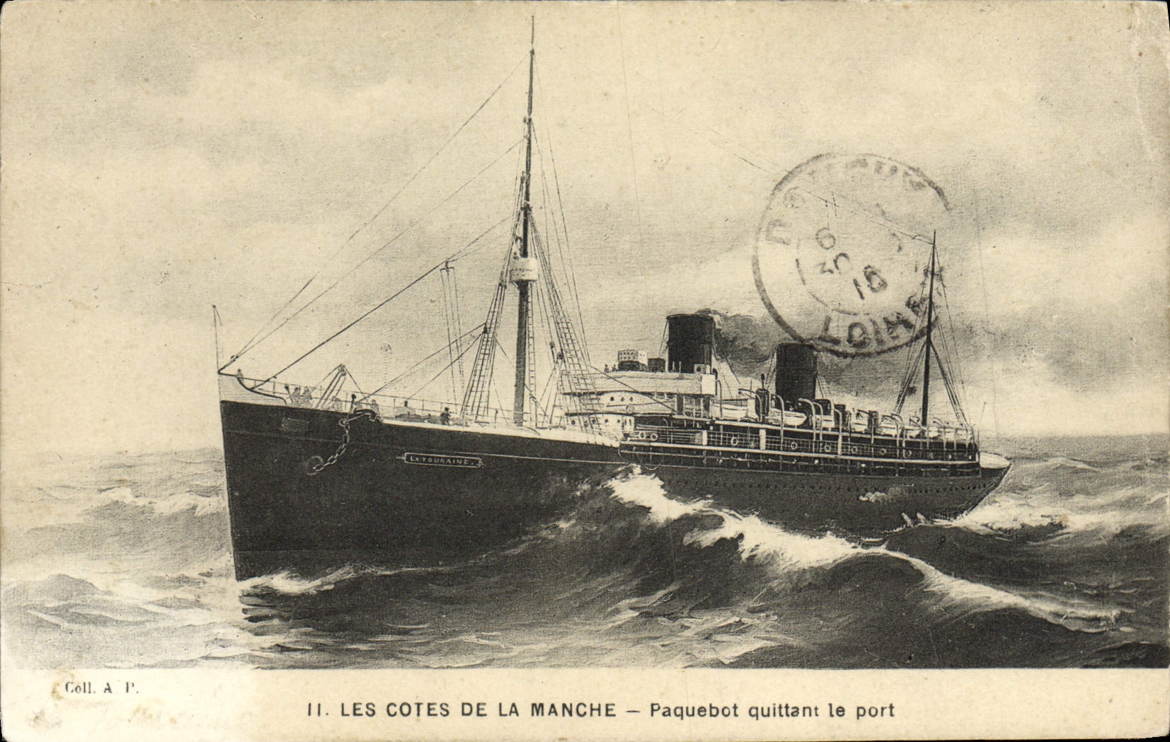 Dimensiones de la POSTAL de la VENDIMIA del vapor del canal inglés que sale del vapor portuario Touraine