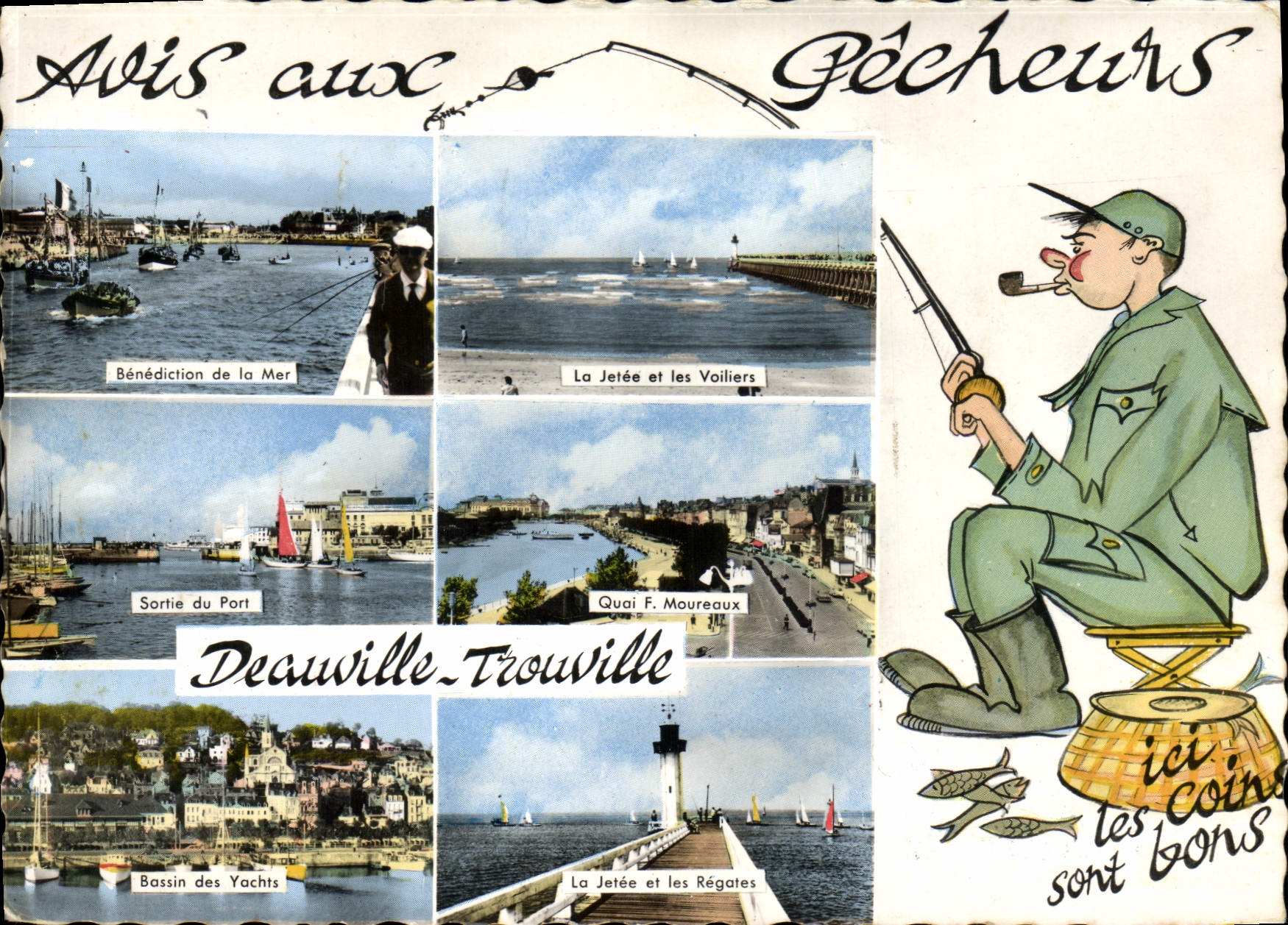 CPM Deauville Trouville Pecheur Peche Poisson Benediction de la mer Jetee et voiliers Sortie du port Moureaux