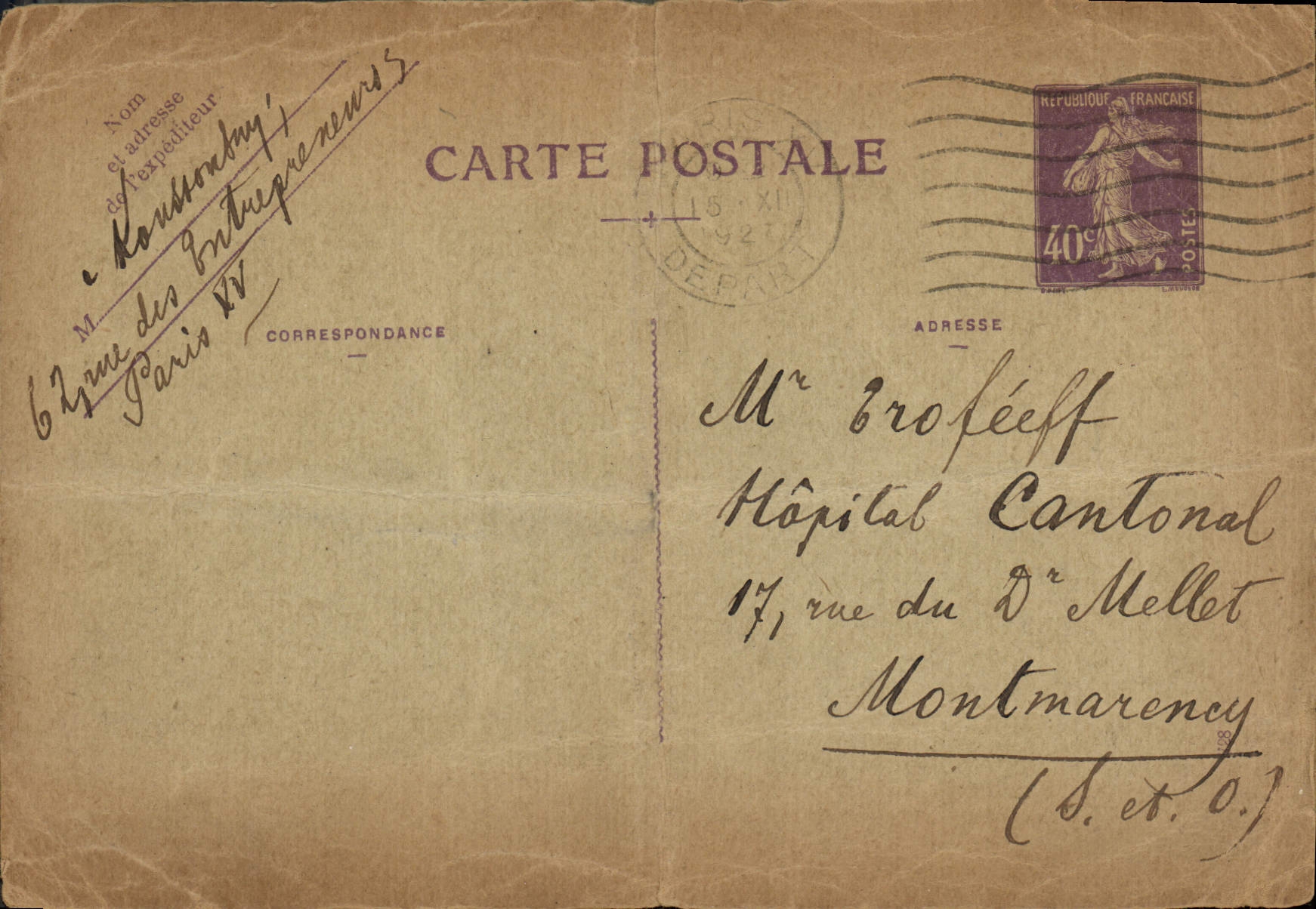 Postal entirety Sower 40c for Mr. Trofeef Montmorency