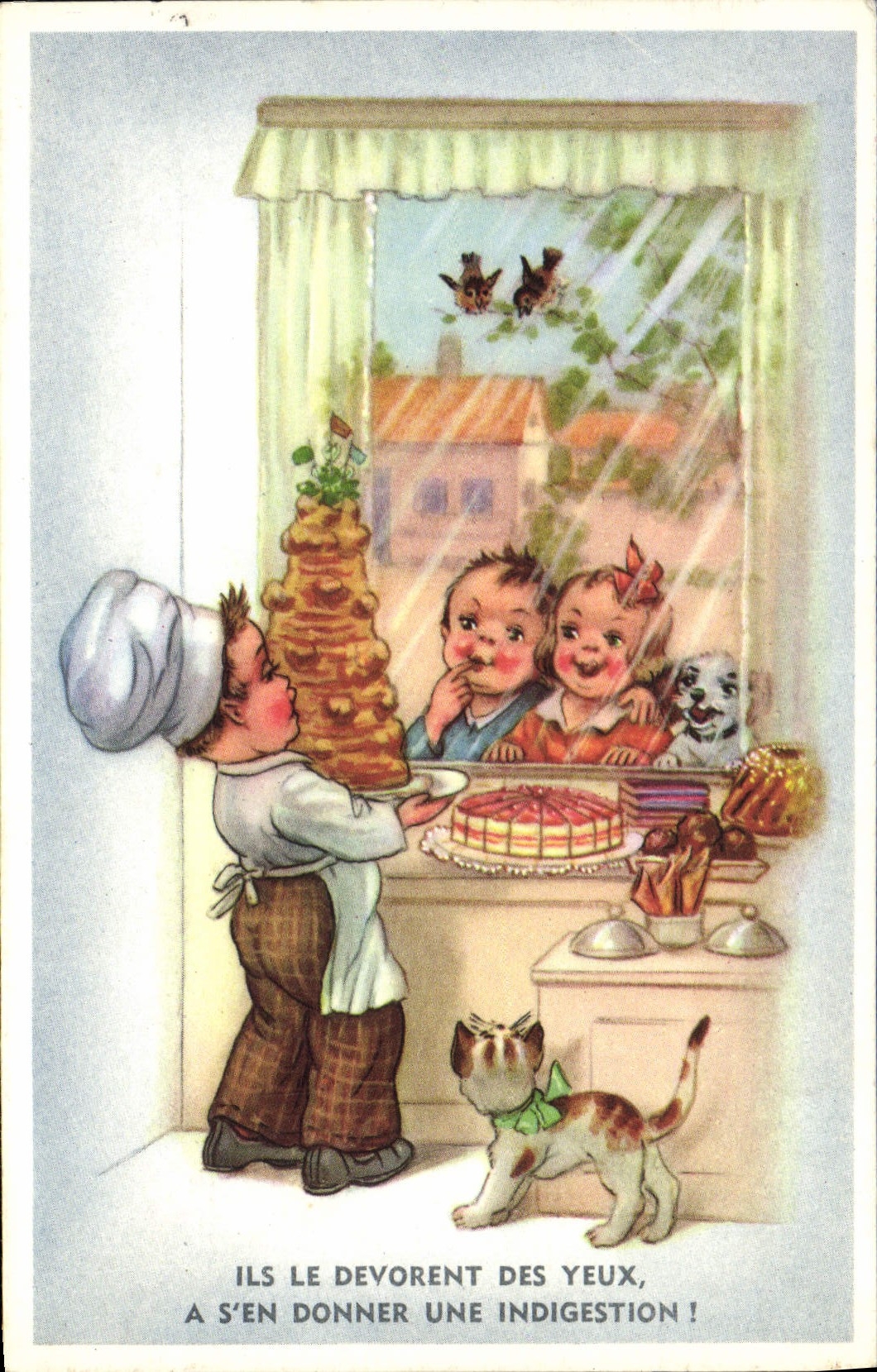 CPM Fantaisie Enfants Chat Chien Patissier