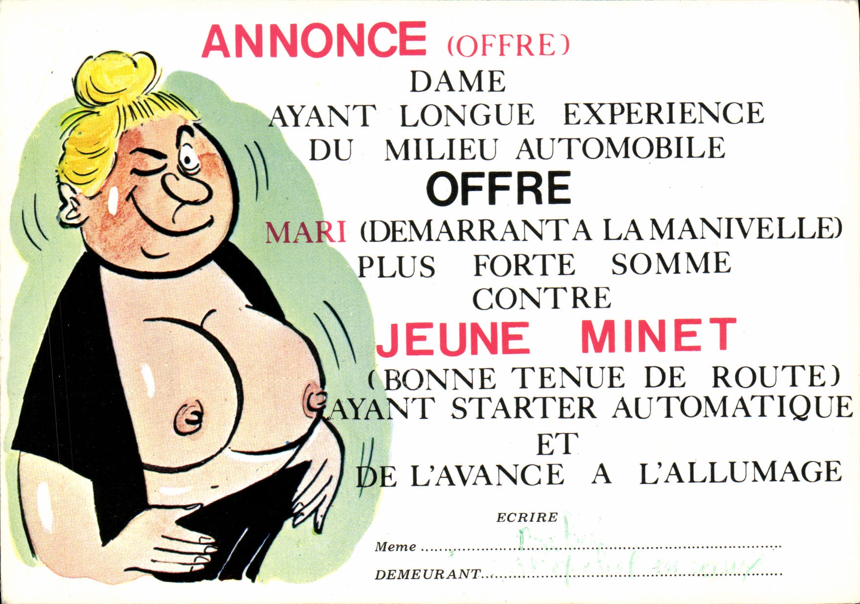 CPM Annonce Dame Ayant Longue Experience Du Milieu Automoble