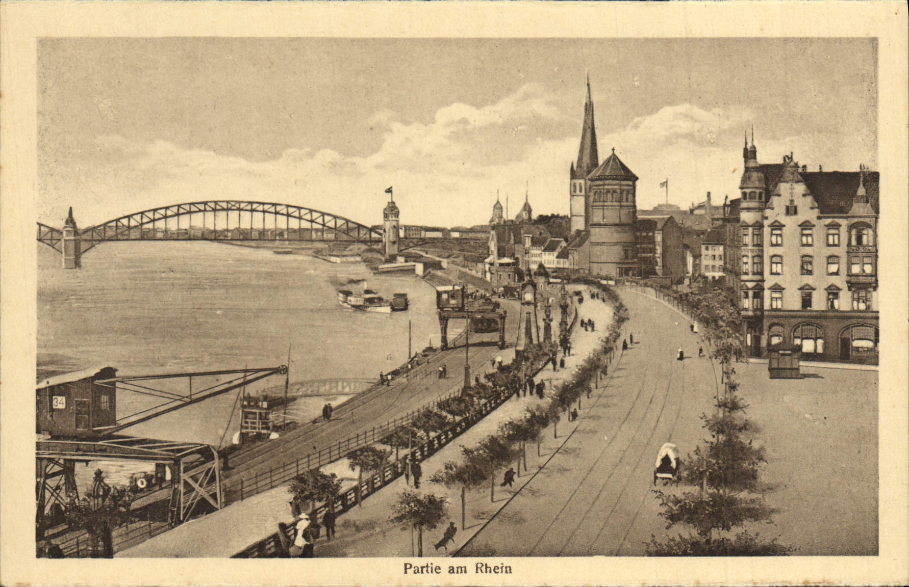 VINTAGE POSTCARD Dusseldorf Partie Am Rhein Hindenburgwall put Musik Tempel