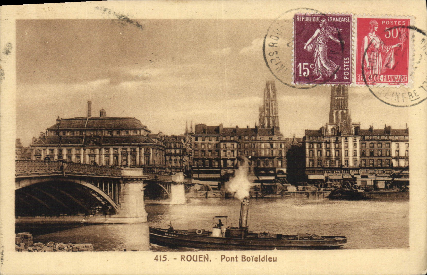 CPA Rouen Pont Boieldieu Bateau