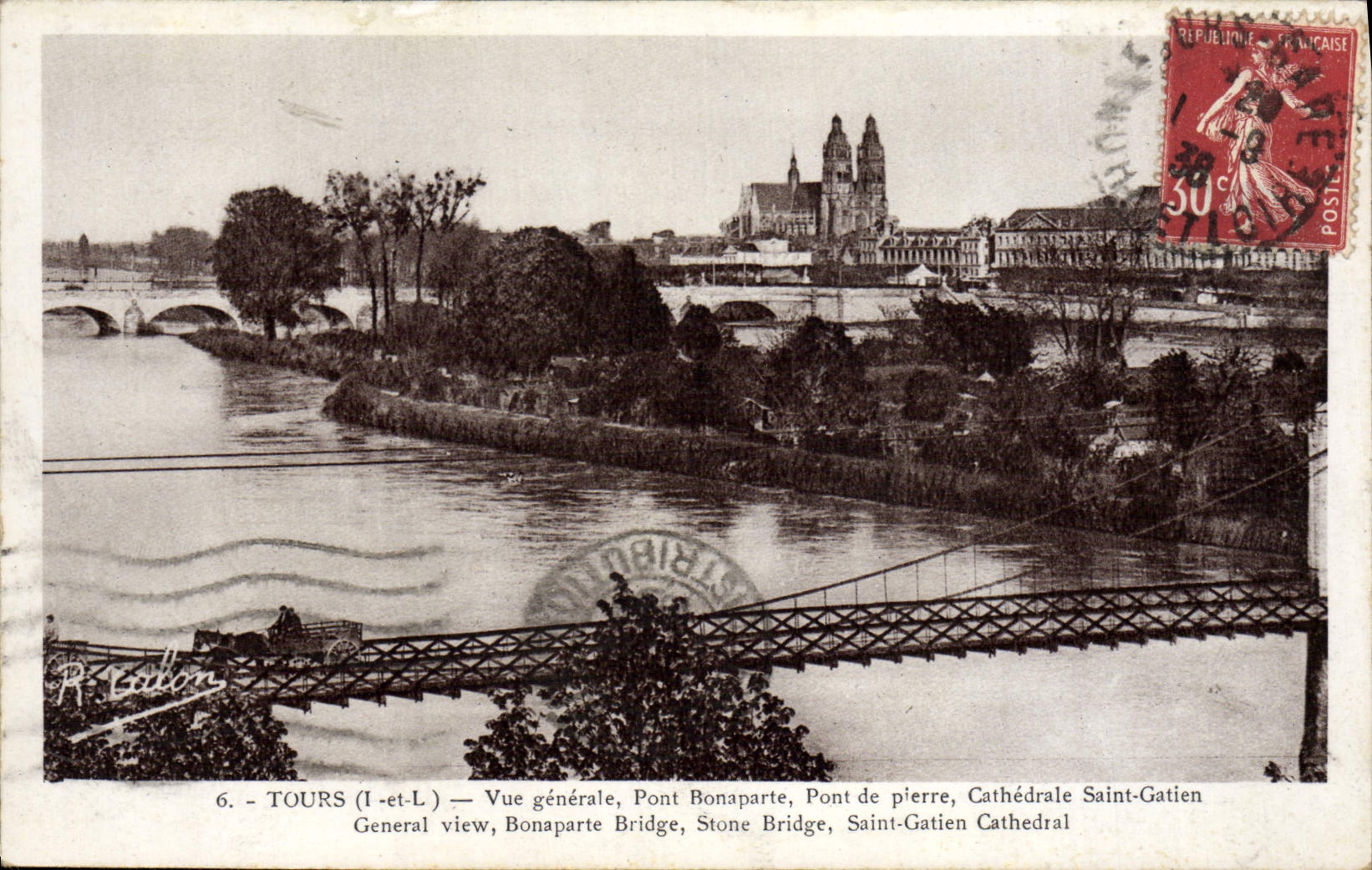 VINTAGE POSTCARD Tours View Bridge Bonaparte Bridge of stone Cathedral Gatien Saint