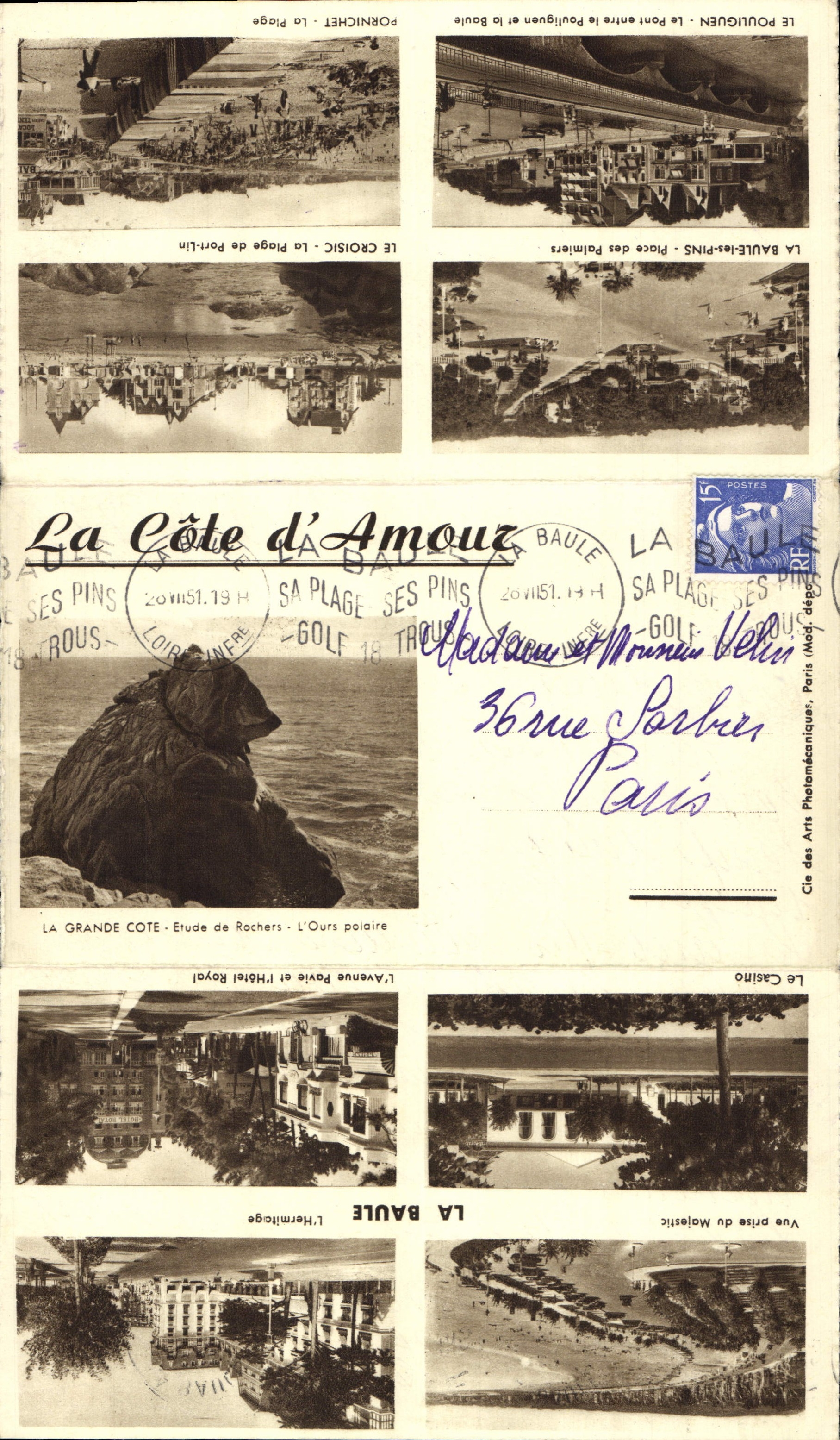 Carte depliante La Baule Vue prise du Majestic L'Hermitage Le casino Avenue Pavie et l'hotel Royal