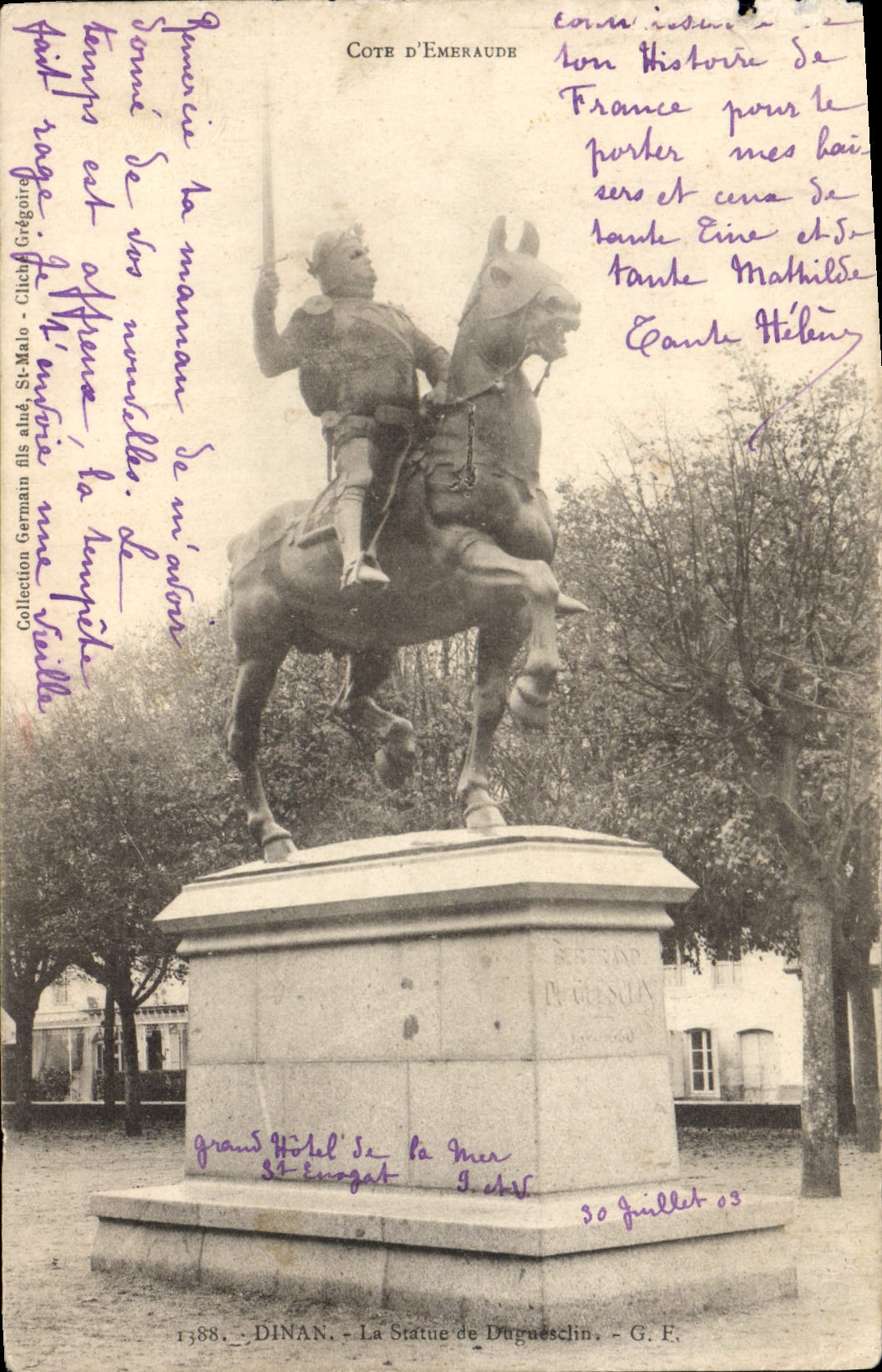 VINTAGE POSTCARD Dinan the Statue of Duguesclin Horse