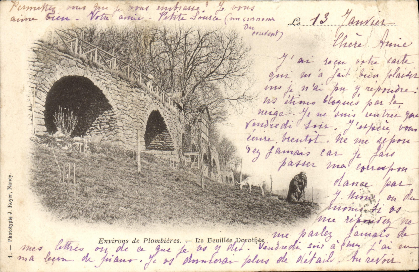 VINTAGE POSTCARD Surroundings of Plombieres the sheet Dorothee old woman and her goat