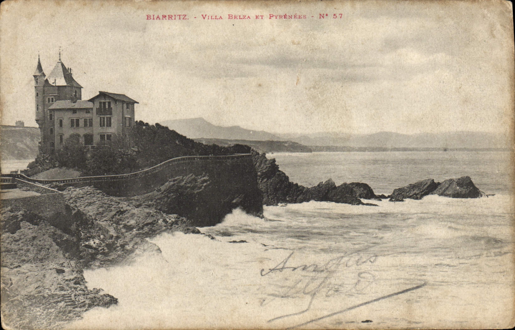 VINTAGE POSTCARD Biarritz Belza Villa and the Pyrenees