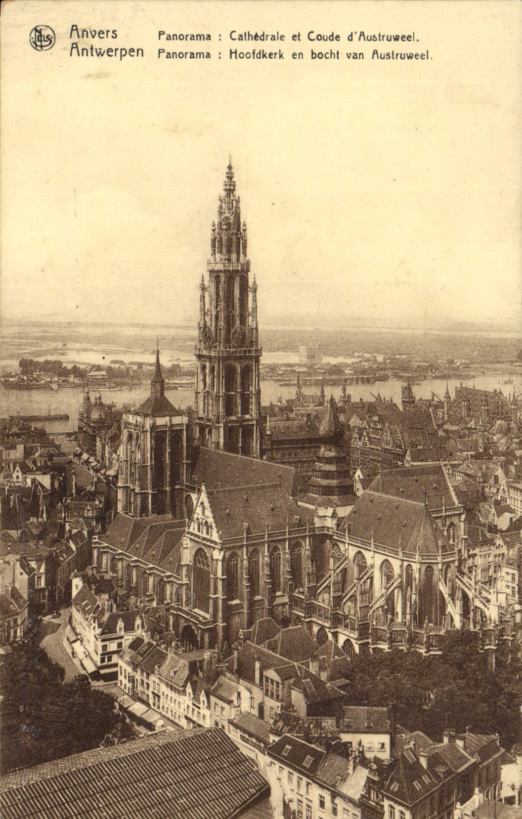 Catedral del panorama de Amberes de la POSTAL de la VENDIMIA y codo de Austruweel