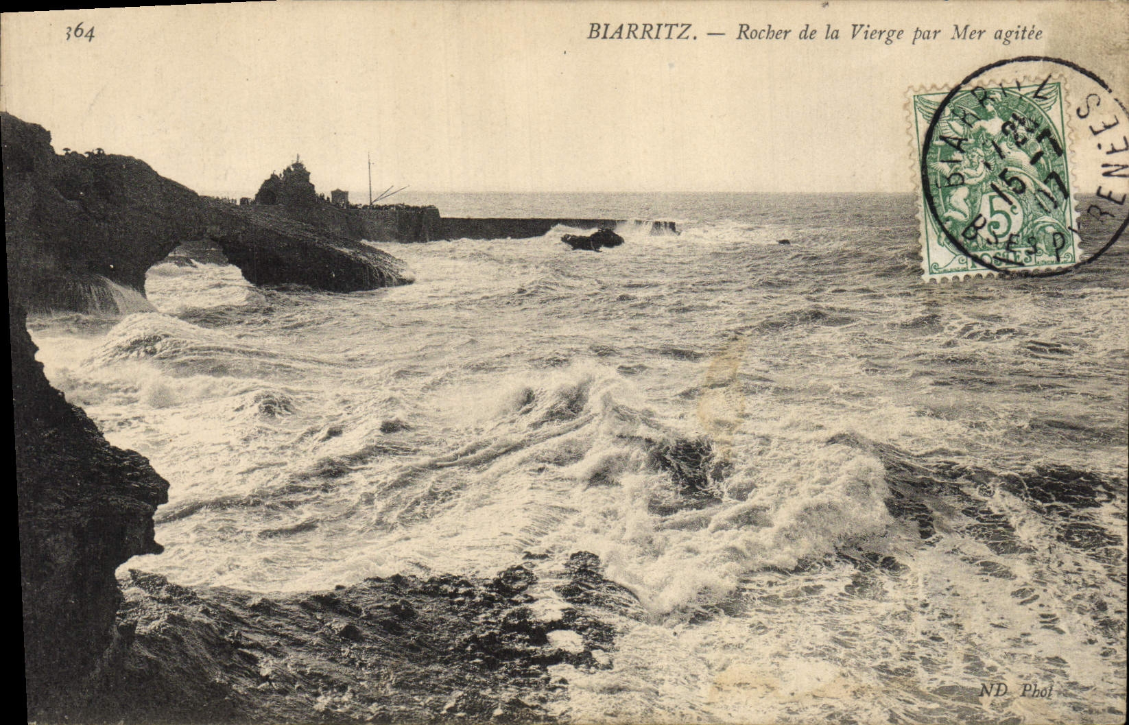VINTAGE POSTCARD Biarritz Rock of the Virgin By Sea agitee