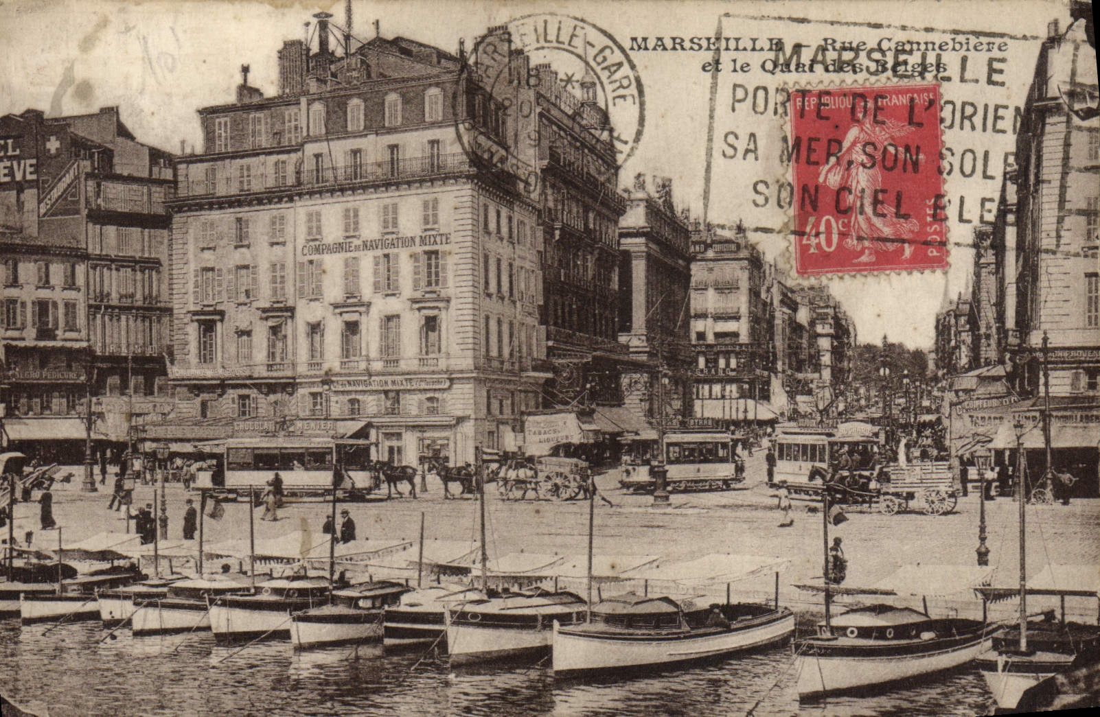 CPA Marseille Rue Cannebiere Et Le Quai des Belges Bateaux Tramway