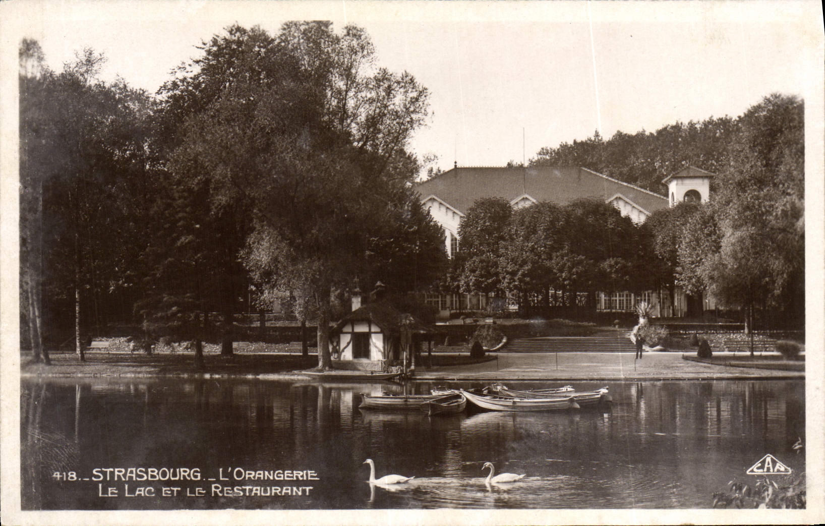 VINTAGE POSTCARD Strasbourg the Orangery the lake and the restaurant Swan
