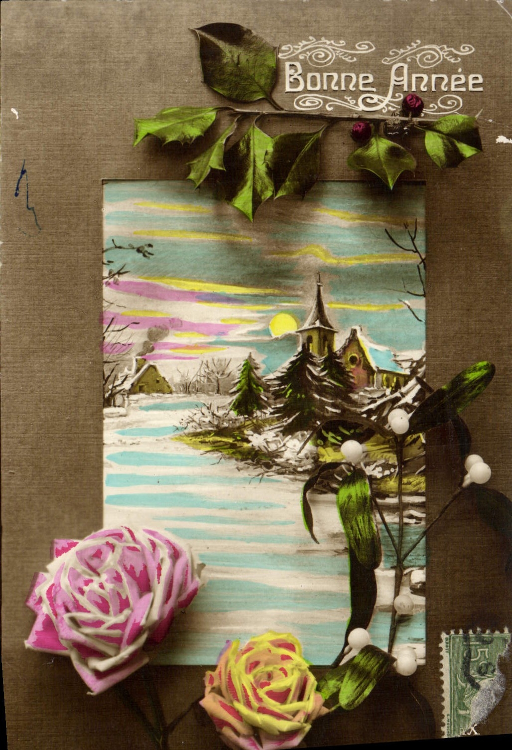 VINTAGE POSTCARD Fantasy Flowers Happy New Year