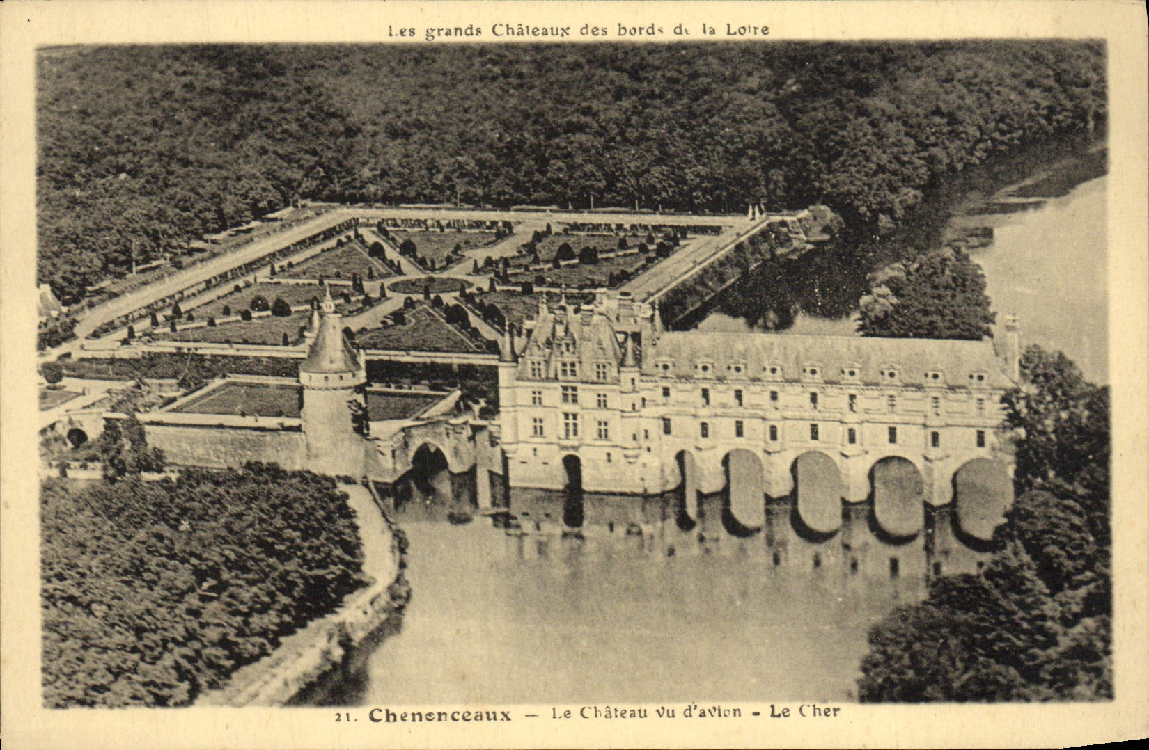 POSTAL Chenonceaux de la VENDIMIA el castillo visto de costoso plano