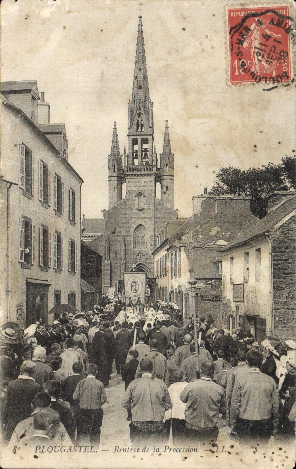 POSTAL Plougastel de la VENDIMIA vuelto en de la procesión