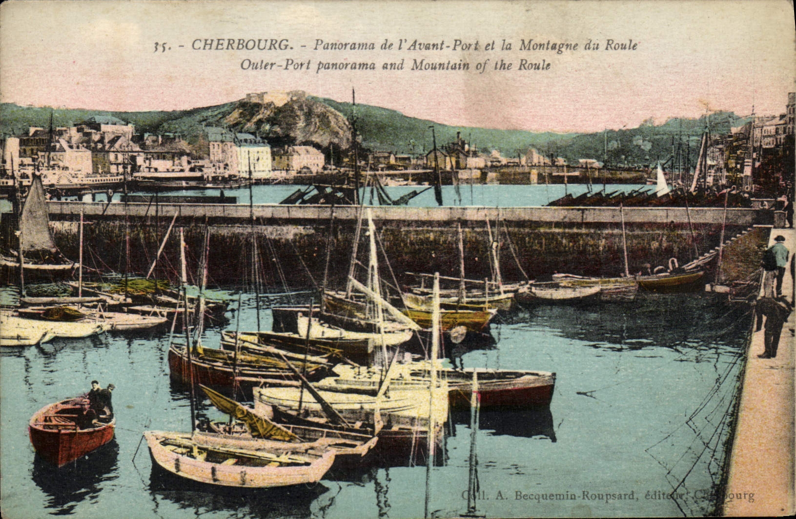 Panorama de Cherbourg de la POSTAL de la VENDIMIA antes del puerto y de la montaña de los barcos de Rolls