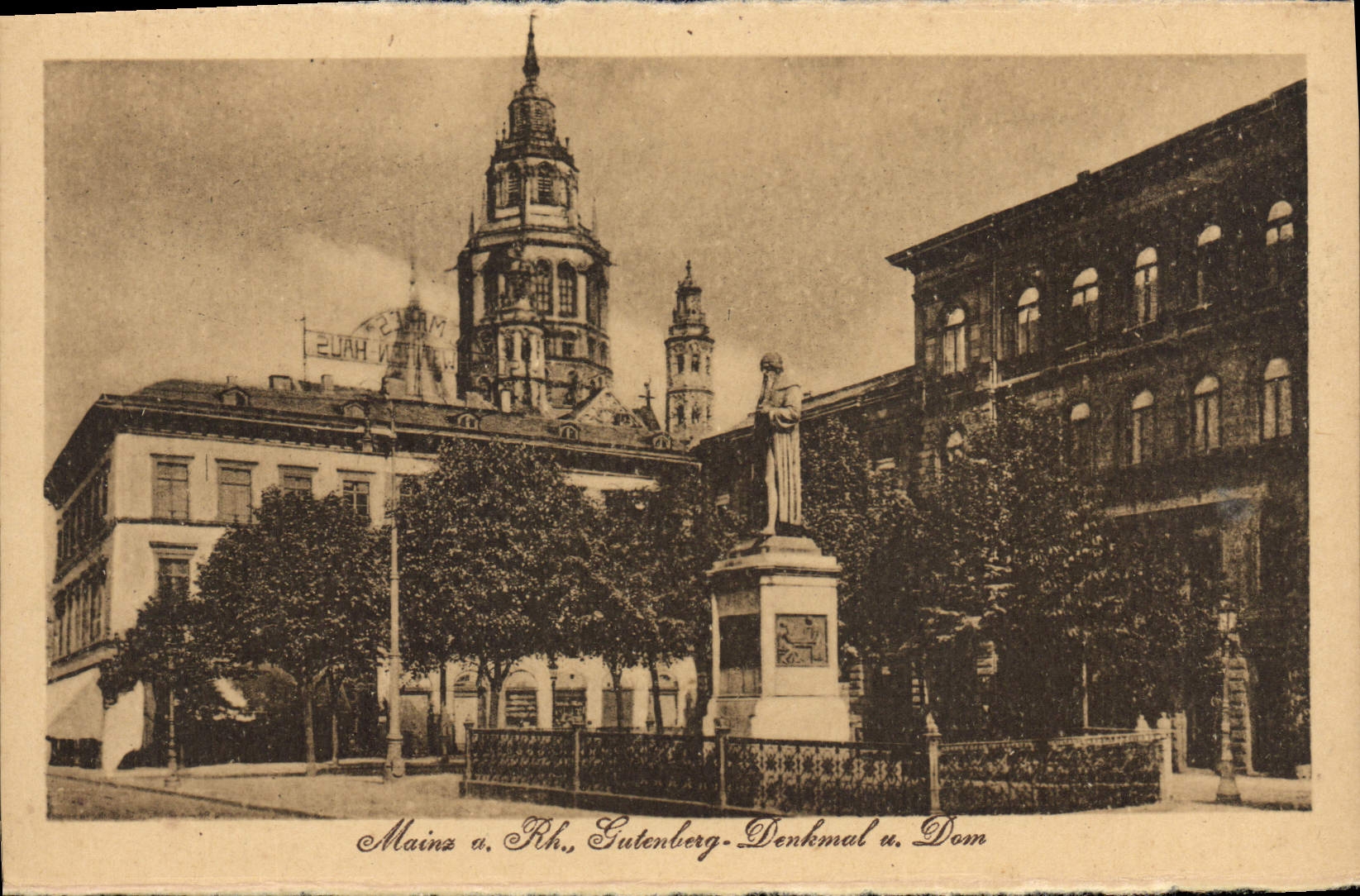 VINTAGE POSTCARD Mainz has Rh Gutenberg Denkmal U Dom