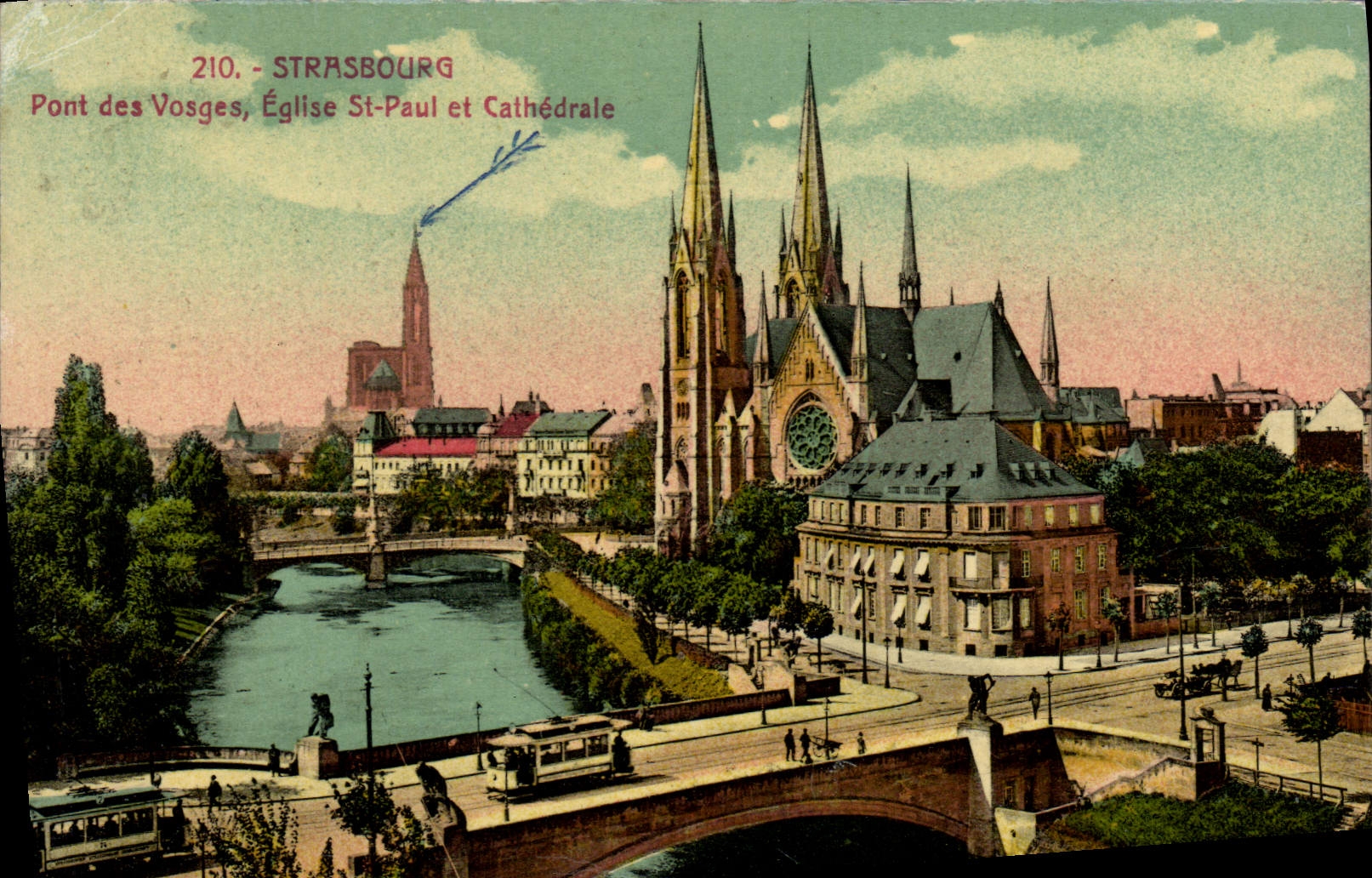 VINTAGE POSTCARD Strasbourg Bridge of the Vosges Saint Paul Church and Cathedrale Tram