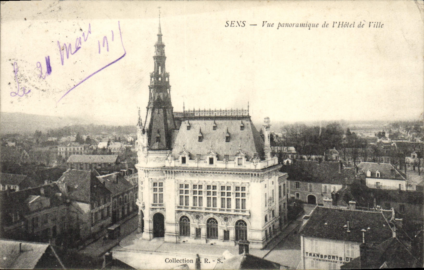 VINTAGE POSTCARD Sens Panoramic View of the Town hall