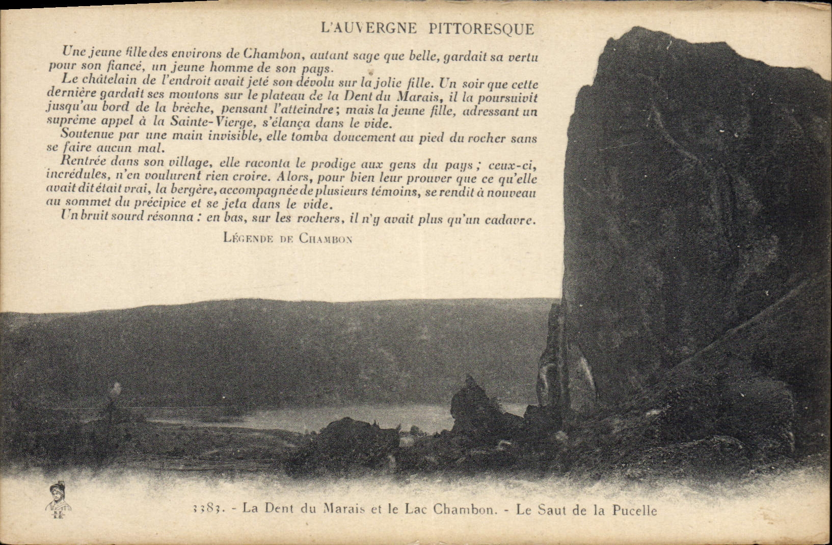 VINTAGE POSTCARD Picturesque Auvergne the Tooth of the Marsh and the Lake Chambon the jump of the Virgin