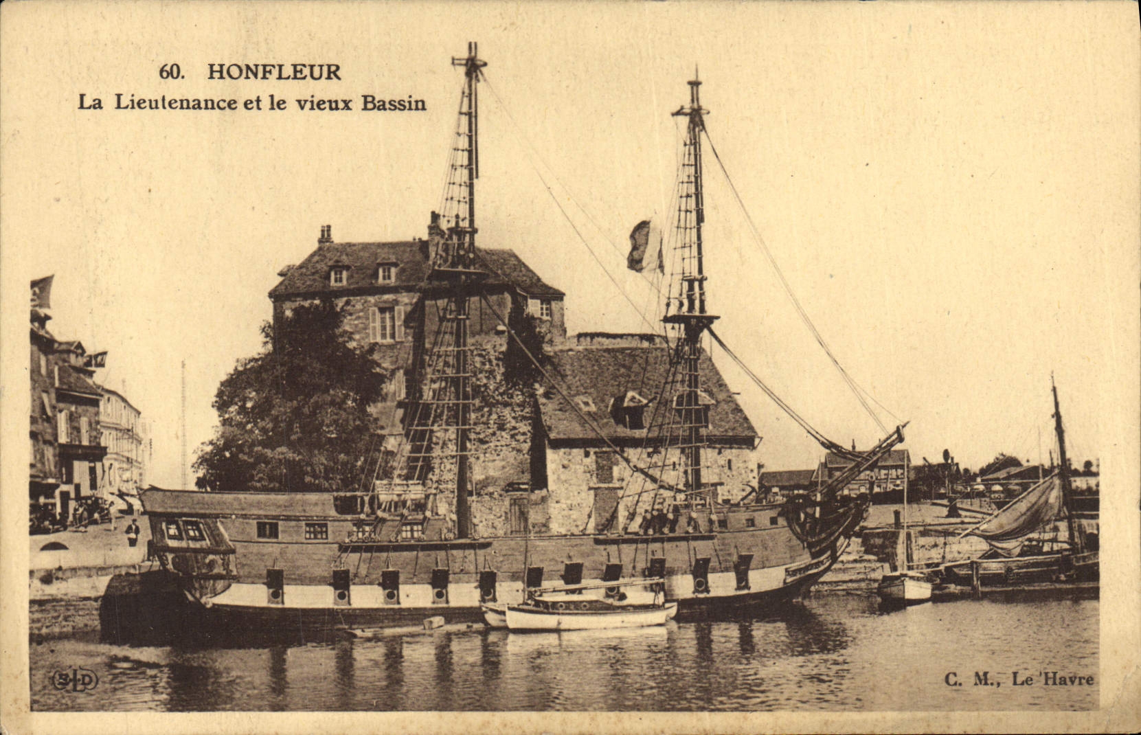 VINTAGE POSTCARD Honfleur Lieutenancy and the Old Basin Sailing Boat