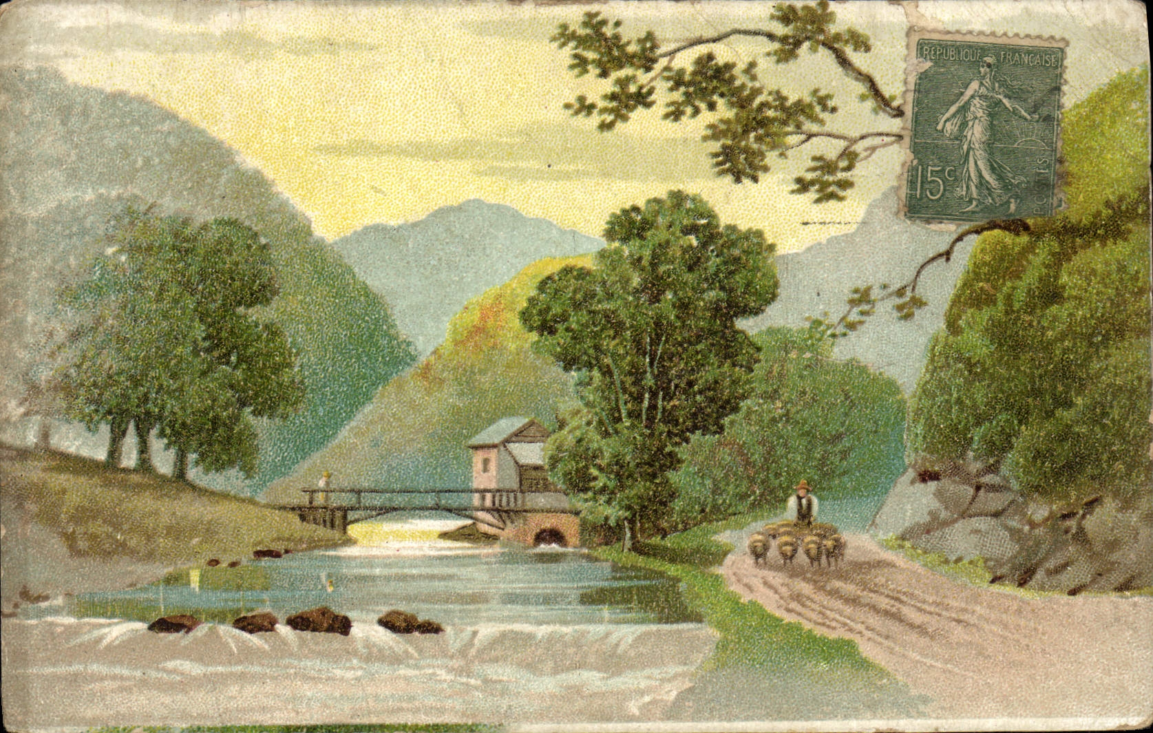 VINTAGE POSTCARD Fantaisie Shepherd Sheep Water mill