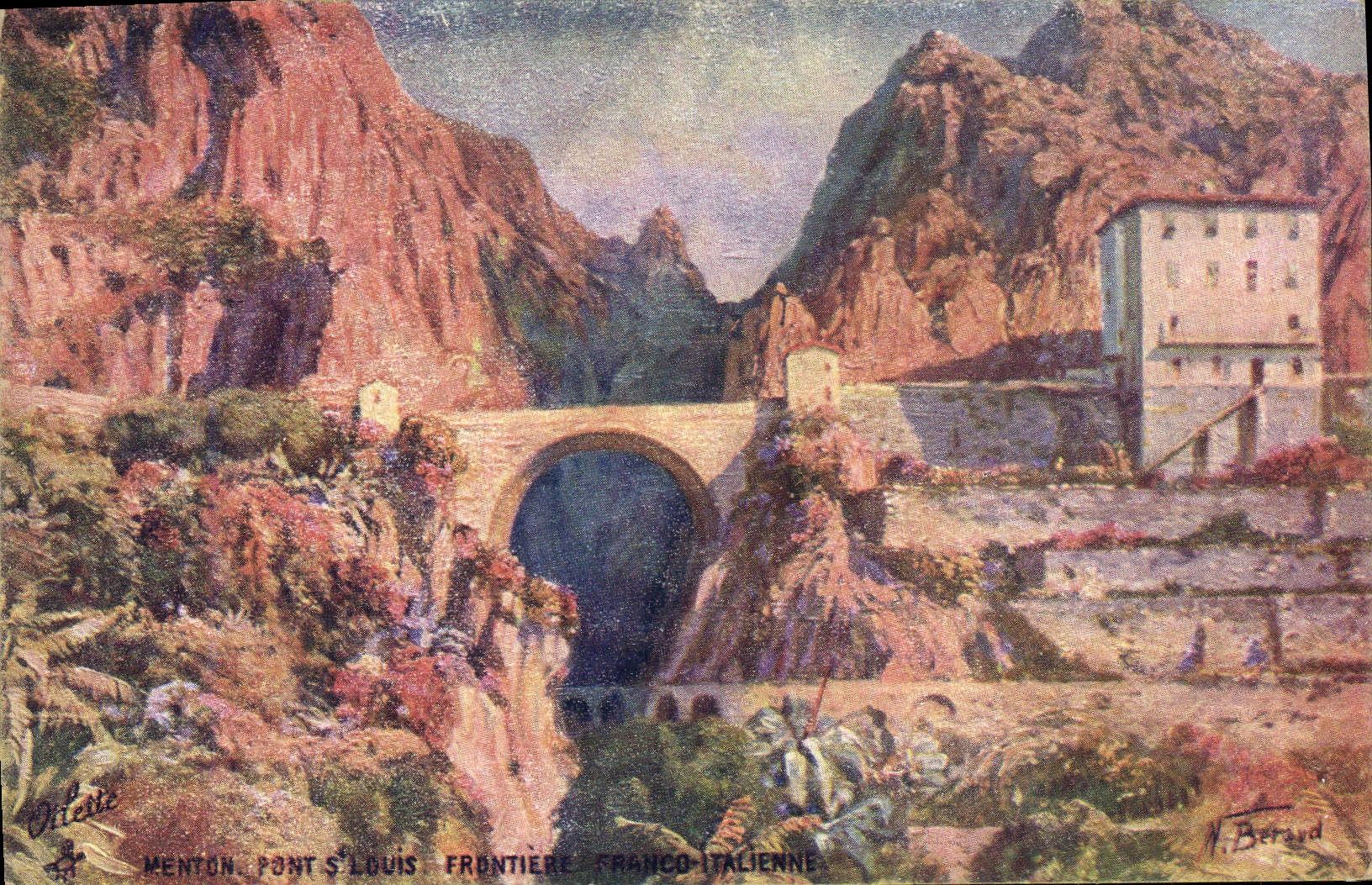 VINTAGE POSTCARD Menton Bridge St Louis free Italian Border