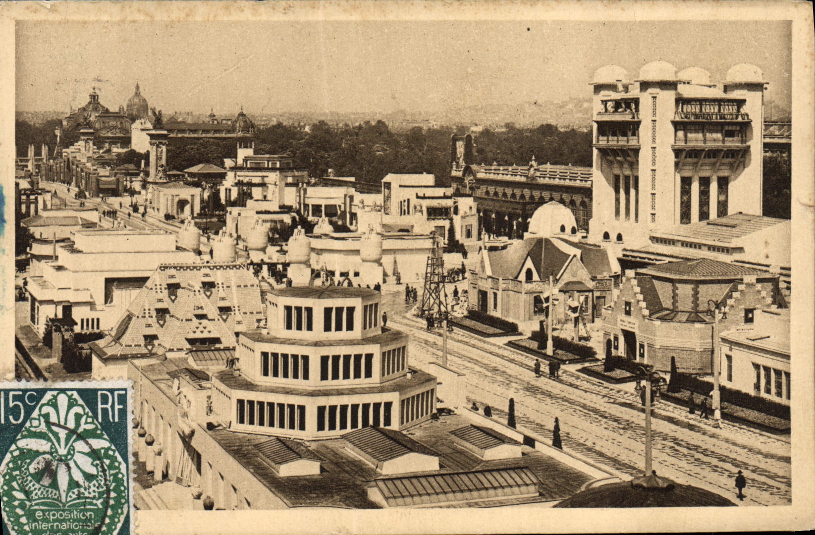 Feria de París de la POSTAL de la VENDIMIA de la opinión panorámica de los artes decorativos hacia el puente Alejandro III