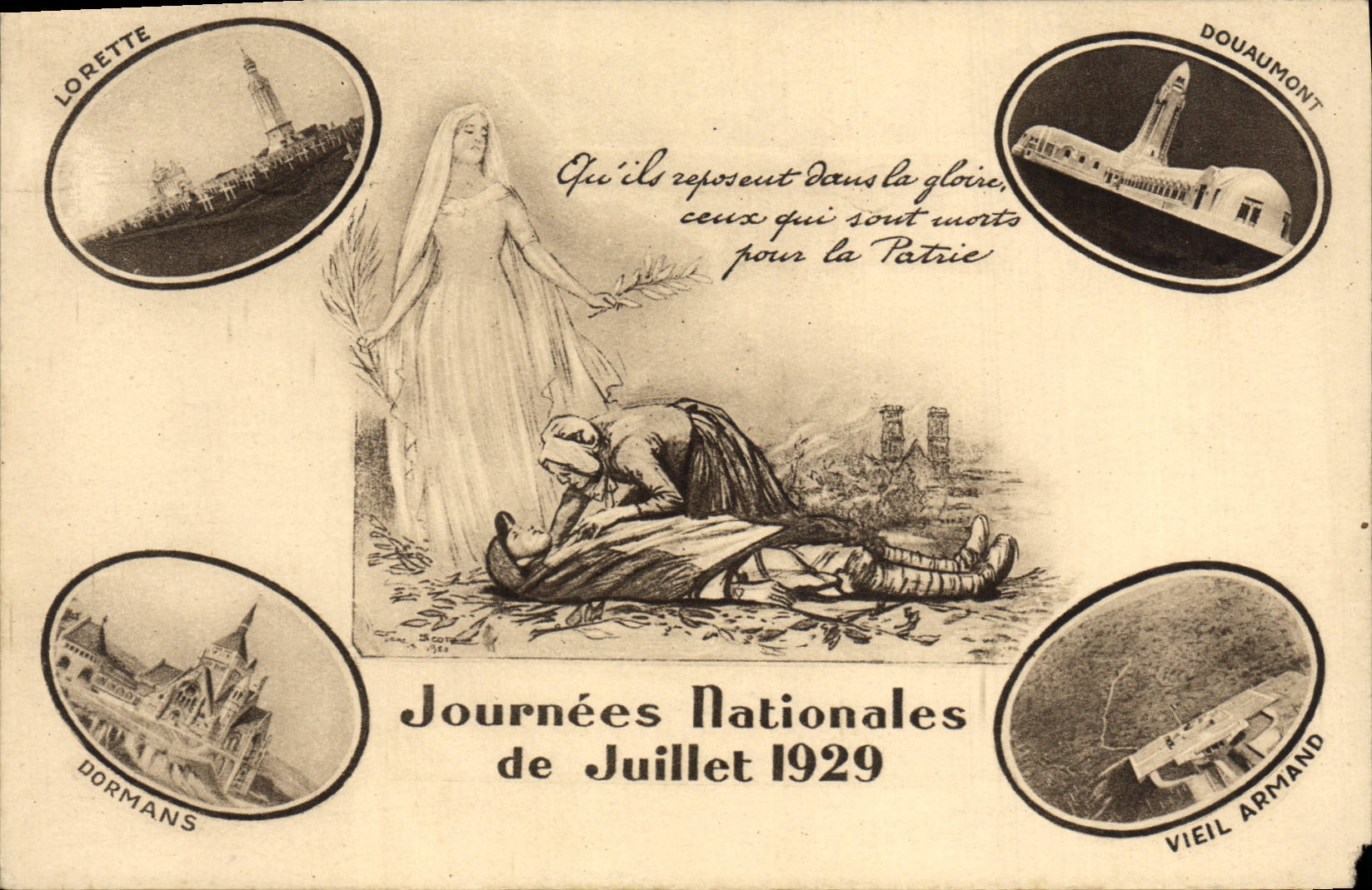 Días nacionales de la POSTAL de la VENDIMIA de julio de 1929 Lorette Dormans Douaumont Armand viejo Militaria