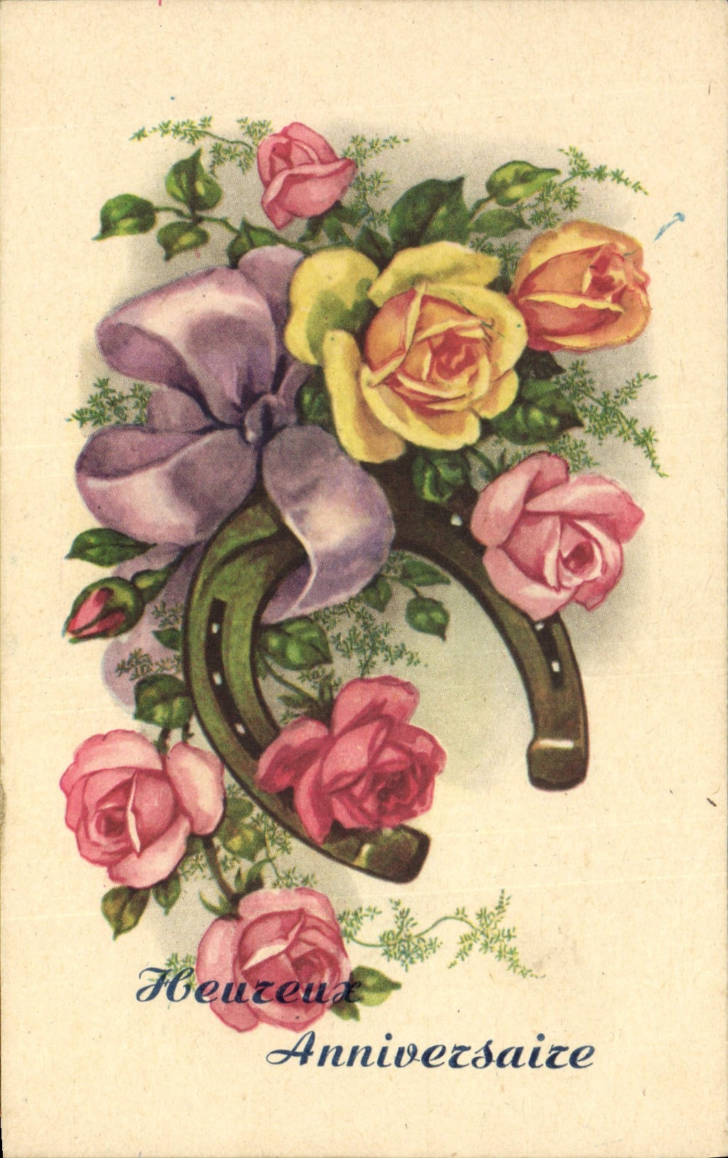 VINTAGE POSTCARD Happy Fleurs Birthday Horseshoe