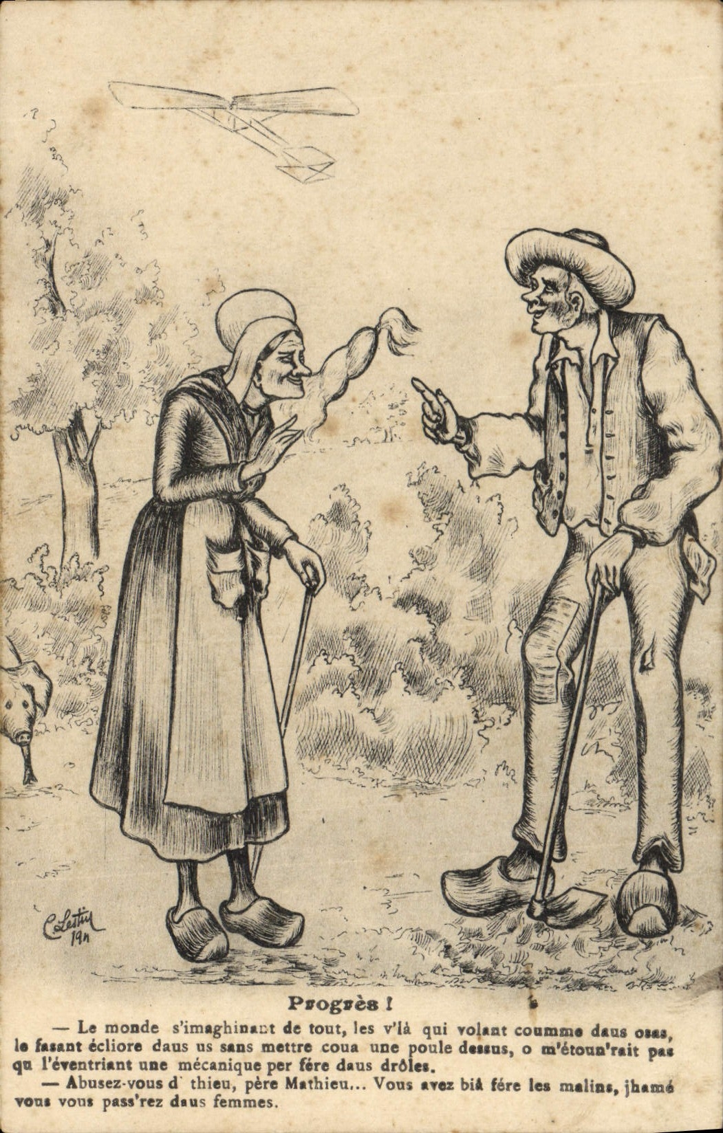 VINTAGE POSTCARD Progress Folklore Woman Pig Pig